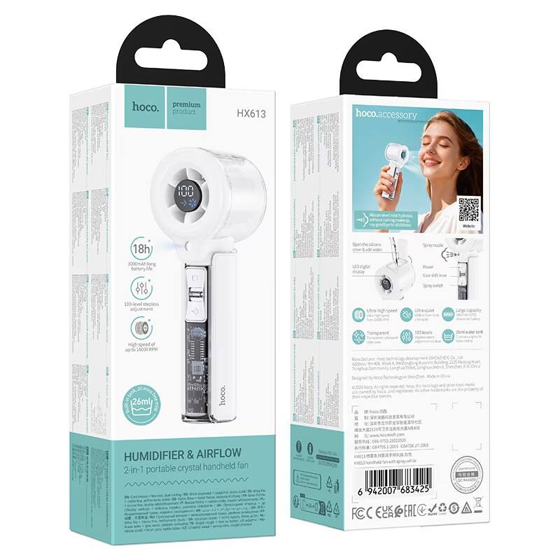 hoco. premium product HX613  
hoco.accessory  

- 18h battery life  
- 3000mAh  
- 100-level stepless adjustment  
- High speed of up to 16000 RPM  
- 26ml water tank  
- 2-in-1 portable crystal handheld fan  
- Humidifier & airflow  
- Ultra-high speed  
- Ultra-quiet  
- Large capacity  
- 200ml water tank  

FC CE ETL  

6 942007 683425