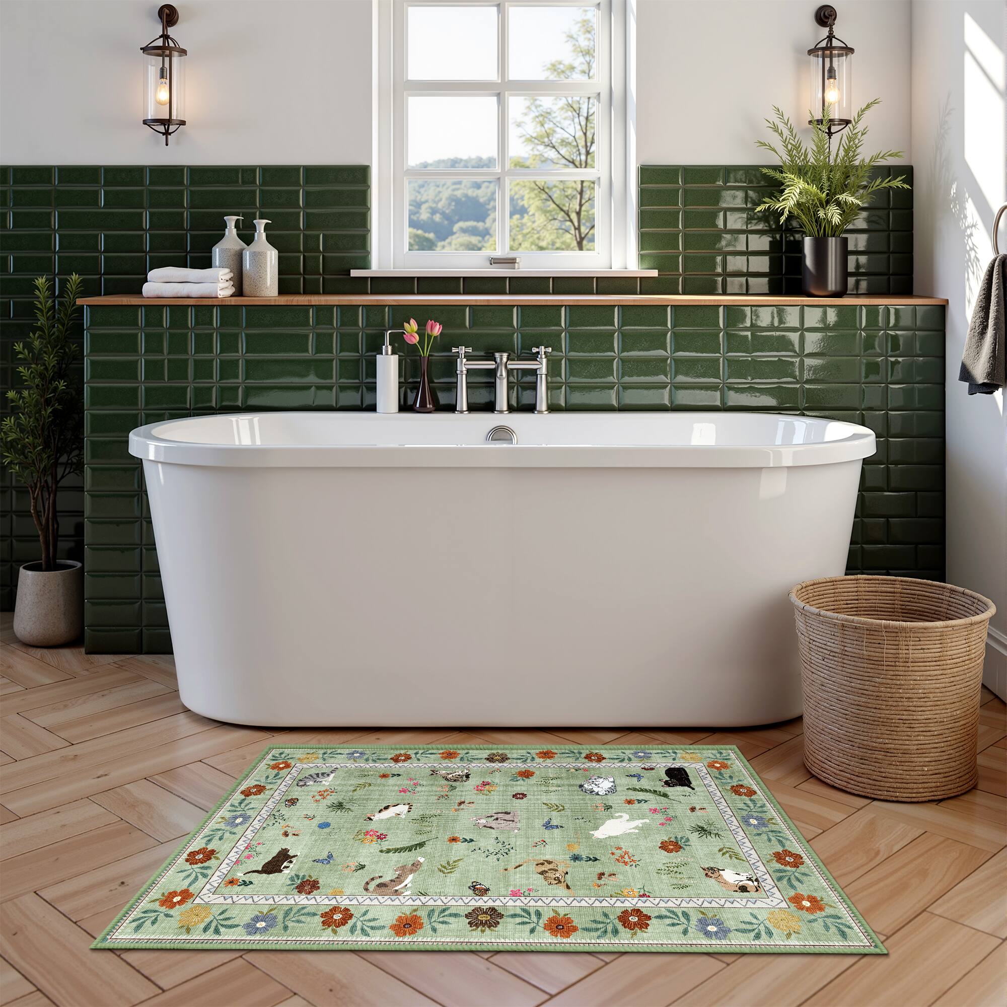Alt View 2. KERDOM - Cute Cat Print 2x3 ft Small Area Rug – Adorable Kitten Floor Mat for Entryway & Bathroom, Non-Slip Washable Accent Rug - Green.