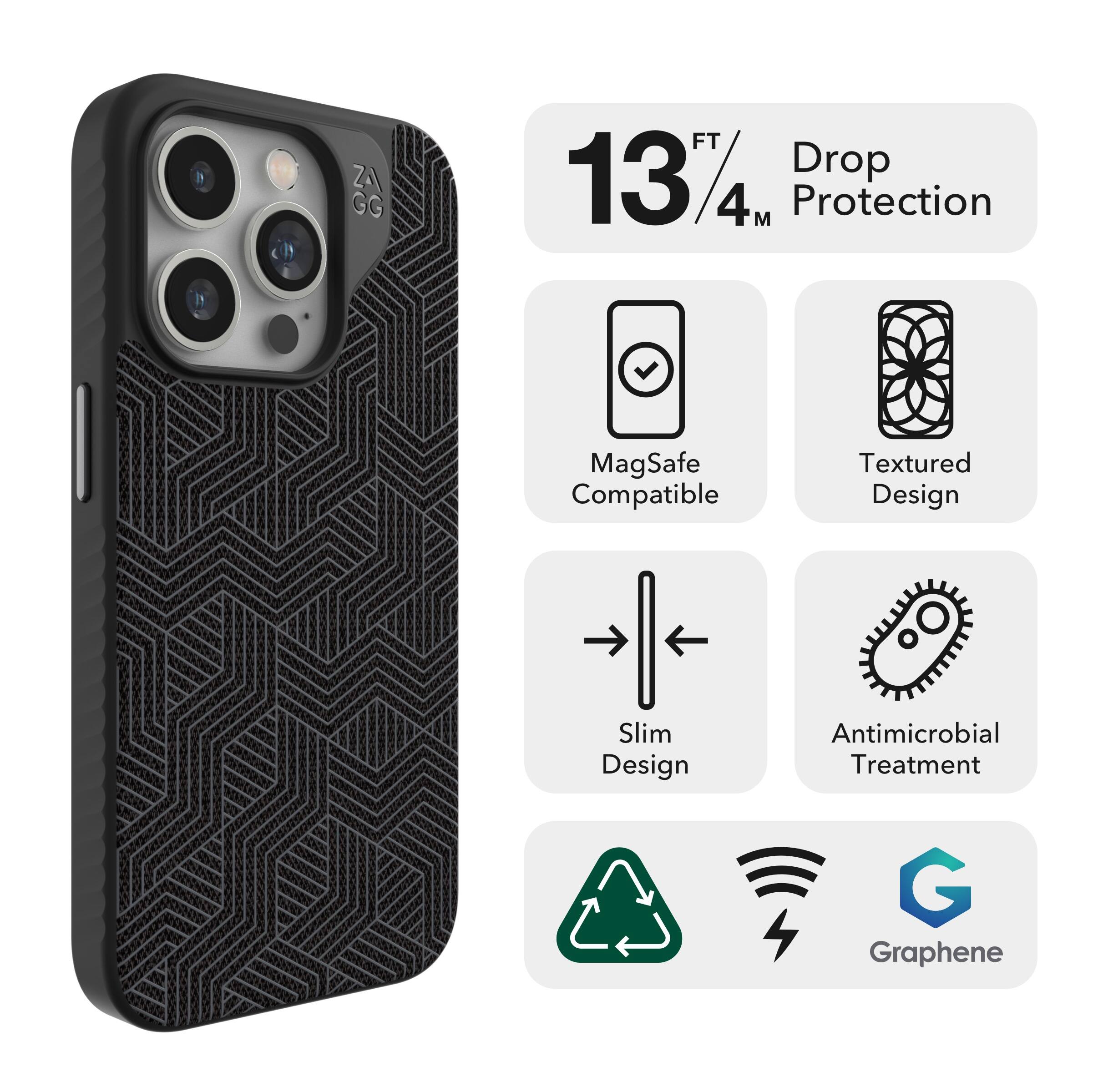 The text on the image is grouped and corrected as follows:

1. ZAGG FT 1374: Drop 4M Protection MagSafe Compatible Textured Design Slim Design Antimicrobial Treatment G Graphene