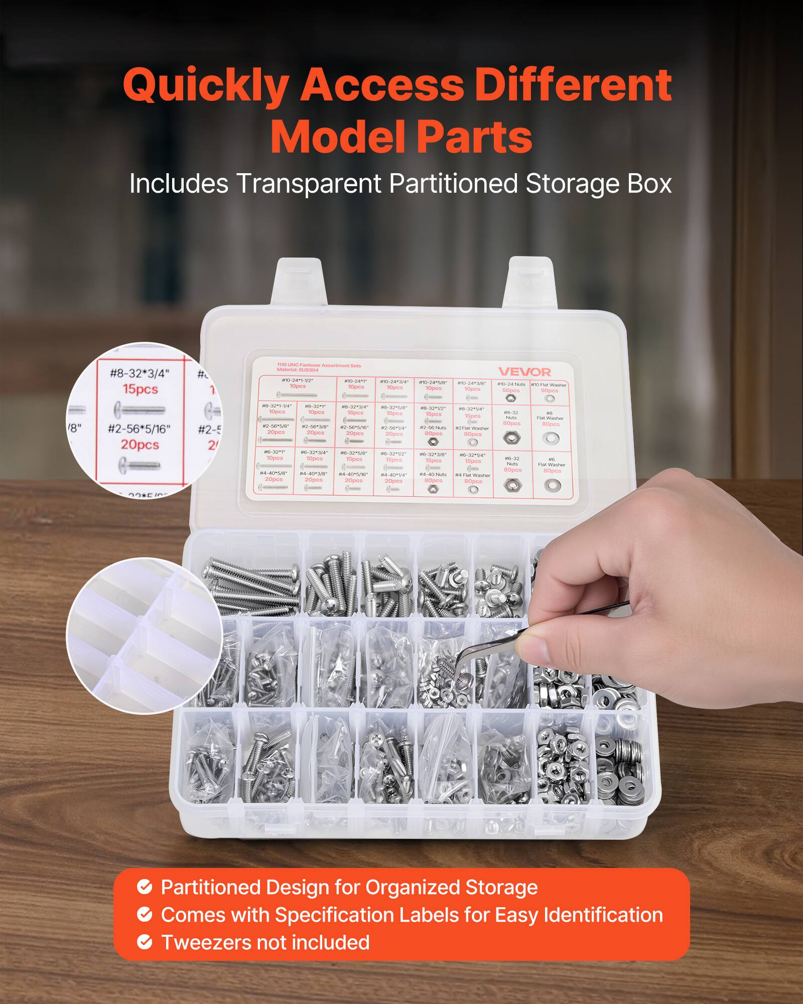 Quickly Access Different Model Parts  
Includes Transparent Partitioned Storage Box  

#8-32*3/4" 15pcs  
#2-56*5/16" 20pcs  
#2-5 2  

Partitioned Design for Organized Storage  
Comes with Specification Labels for Easy Identification  
Tweezers not included