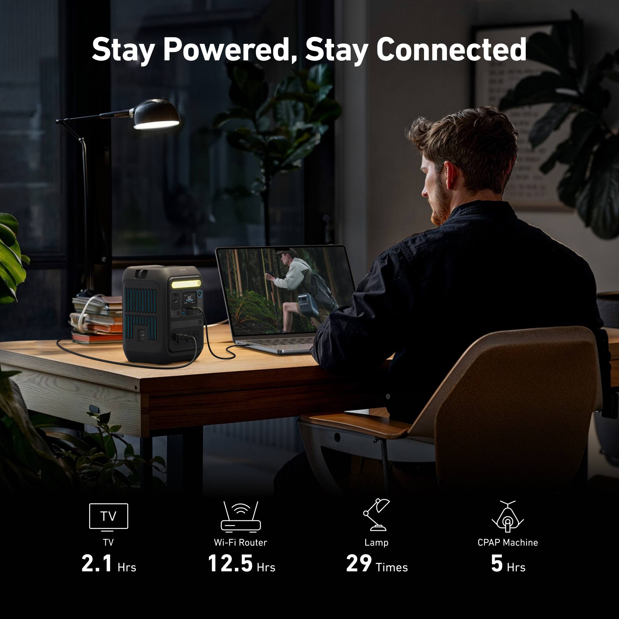 Stay Powered, Stay Connected

TV: 2.1 Hrs  
Wi-Fi Router: 12.5 Hrs  
Lamp: 29 Times  
CPAP Machine: 5 Hrs