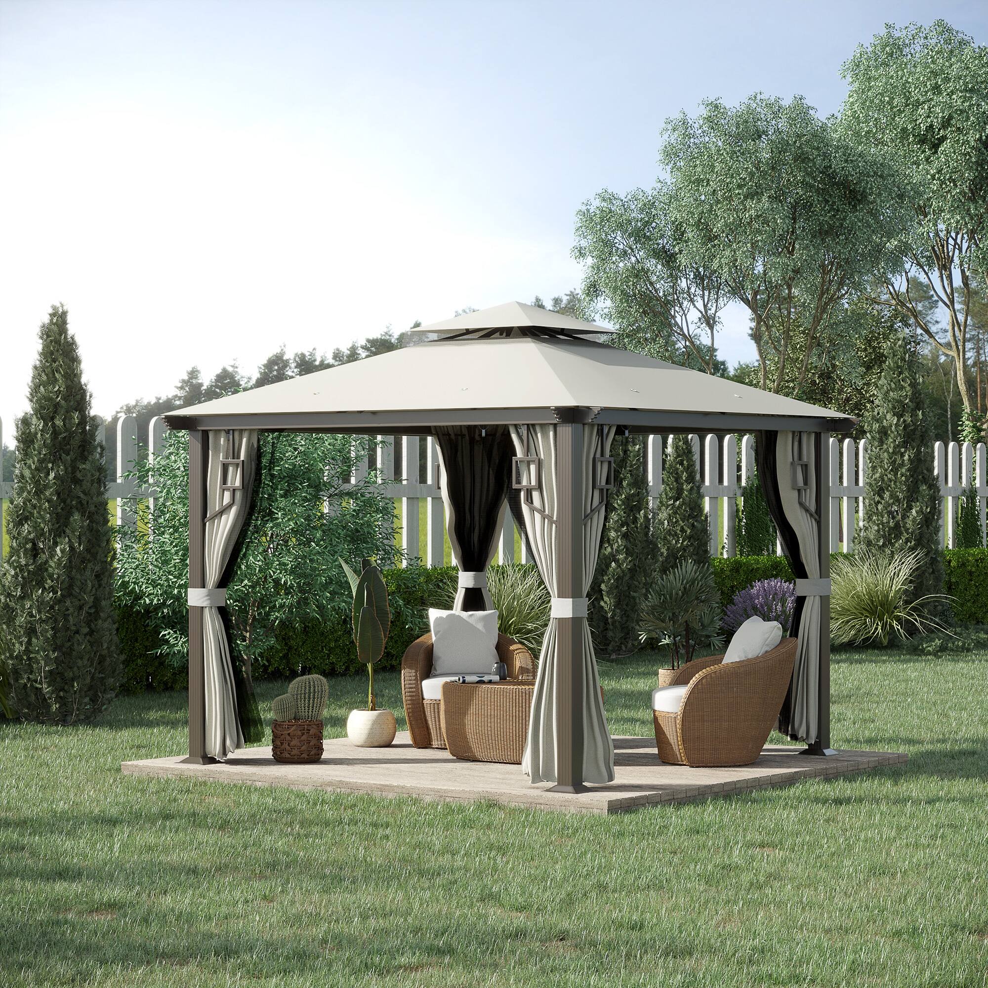 Alt View 1. Outsunny - x 10' Patio Gazebo, Double Roof Outdoor Gazebo with Privacy Curtains, Mesh Netting - Cream White.