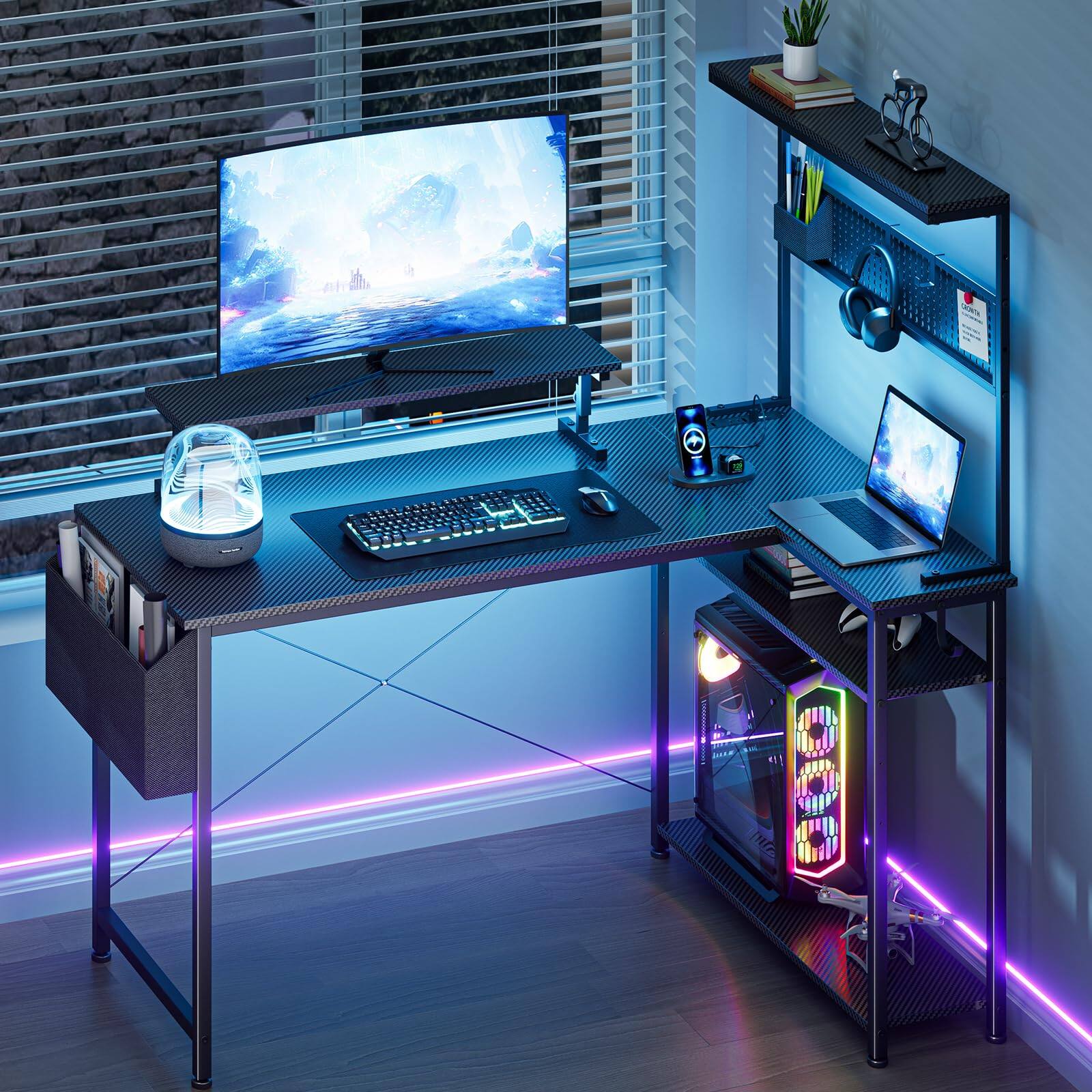 Front. Hirose Alice - nch Gaming Desk, L-Shaped Computer Desk with LED Lights, Monitor Stand, Power Outlets and Storage Drawer, S... - 42 inch.