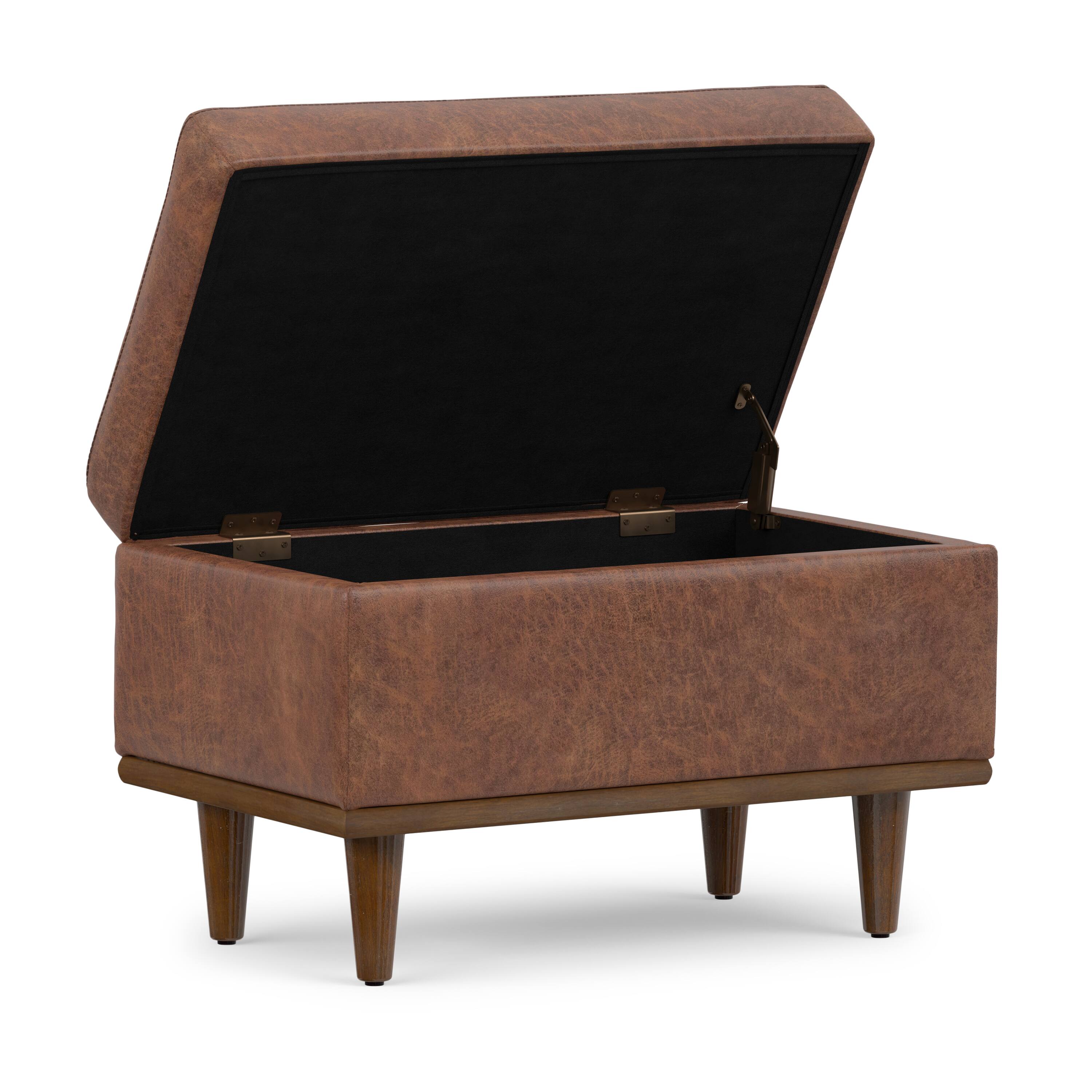 Alt View 1. Simpli Home - Shiloh 26 inch Transitional Contemporary Small Storage Ottoman in Distressed Saddle Brown Vegan Faux Leather, Assembled - Distressed Saddle Brown.