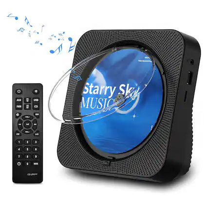 Sure, here is the corrected and grouped text from the image:
---
**Starry Sky MUSIC**
**CD player**
**Remote Control:**
- AUX
- USB
- CD
- FM/SH
- VOL-
- VOL+
- STOP
- A-B
- 1
- 2
- 3
- 4
- 5
- 6
- 7
- 8
- 9
- 0
- MODE
**Buttons:**
- Power
- Play/Pause
- Previous
- Next
- Repeat
- Shuffle
- Volume Down
- Volume Up
- Mode
---
This text is organized to reflect the labels and functions visible on the CD player and remote control in the image.