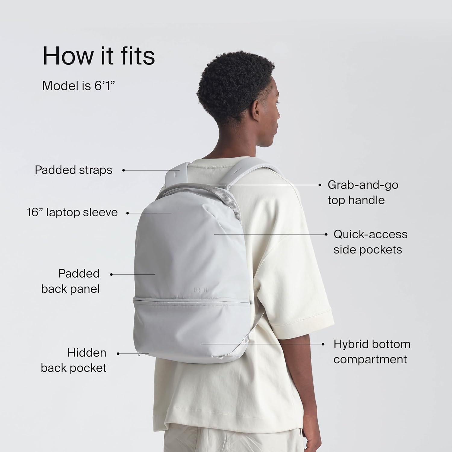 How it fits  
Model is 6'1"  
- Padded straps  
- 16" laptop sleeve  
- Padded back panel  
- Hidden back pocket  
- Grab-and-go top handle  
- Quick-access side pockets  
- Hybrid bottom compartment