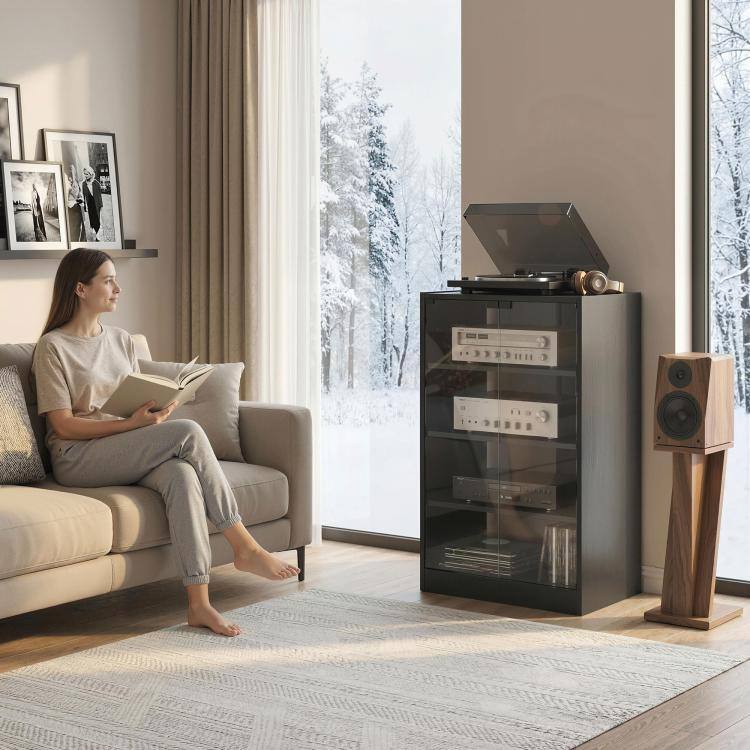 Alt View 2. PULUZ - Media Cabinet, 4-Tier Stereo Cabinet for Vinyl Record Player, Gaming Console, AV Record Player Stand - Black.