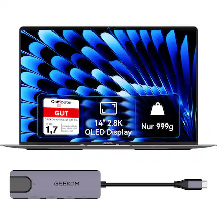 Computer
GUT GEEKOM GeekBook X14 Pro NOTE 14" 2.8K computerbild.de Nur 1,7 vom 21 21.02.2026 999g EINZELTEST OLED Display
GEEKOM
My
GEEKOM
USB3.0
US830
HOM
PD