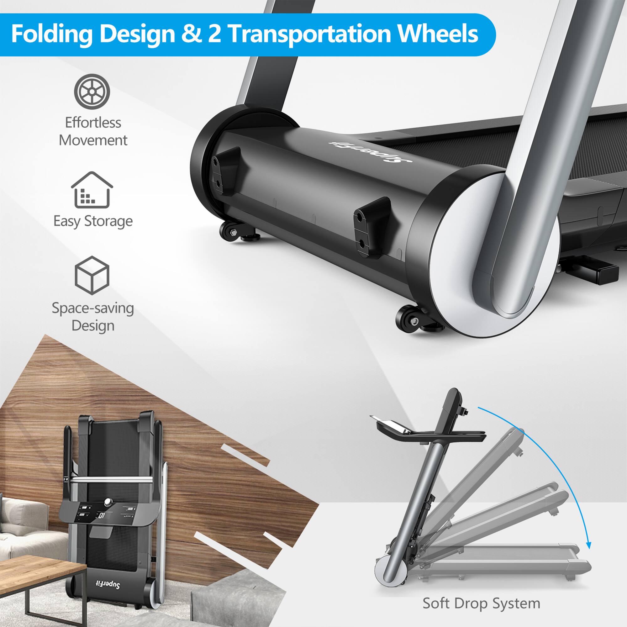 Folding Design & 2 Transportation Wheels

- Effortless Movement
- Easy Storage
- Space-saving Design
- Soft Drop System