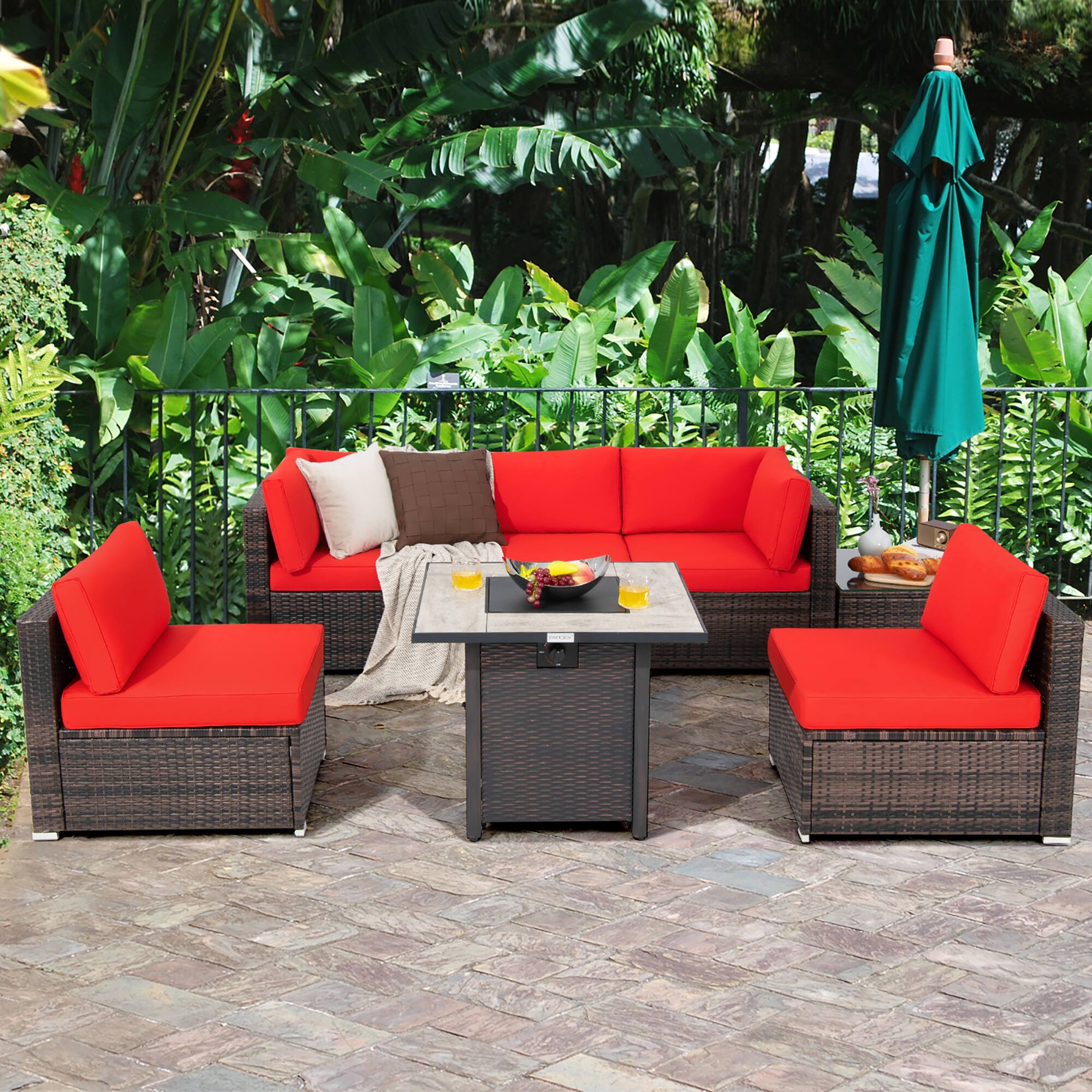 Alt View 1. Costway - Costway 7PCS Patio Rattan Furniture Set 30" Fire Pit Table Cover Cushion Sofa - Red.