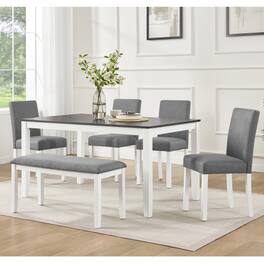 LUCKY ONE - 6-Piece Dining Set with 58.5" Rectangular Dining Table, Bench and 4 Upholstered Chairs - Grey+White