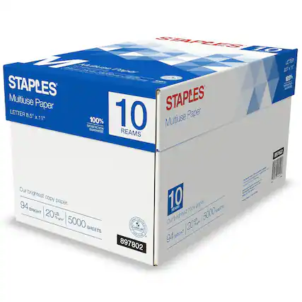 STAPLES
Multiuse Paper
LETTER 8.5" x 11"
10 REAMS
100% SATISFACTION GUARANTEE
Our brightest copy paper.
94 BRIGHT | 20 LB. | 75 g/m² | 5000 SHEETS
897802
STAPLES
Multiuse Paper
LETTER 8.5" x 11"
10 REAMS
100% SATISFACTION GUARANTEE
Our brightest copy paper.
94 BRIGHT | 20 LB. | 75 g/m² | 5000 SHEETS
897802
