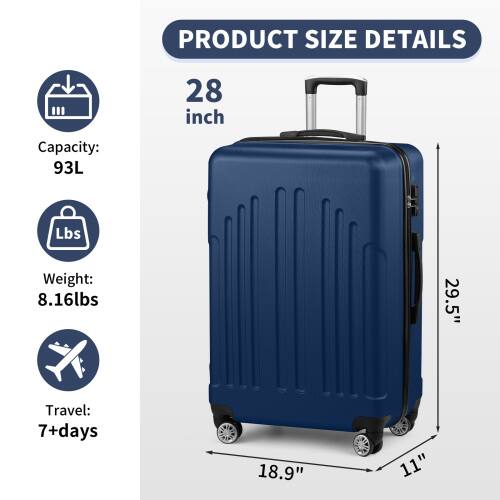 PRODUCT SIZE DETAILS

28 inch

Capacity: 93L

Weight: 8.16lbs

Travel: 7+days

29.5" x 18.9" x 11"