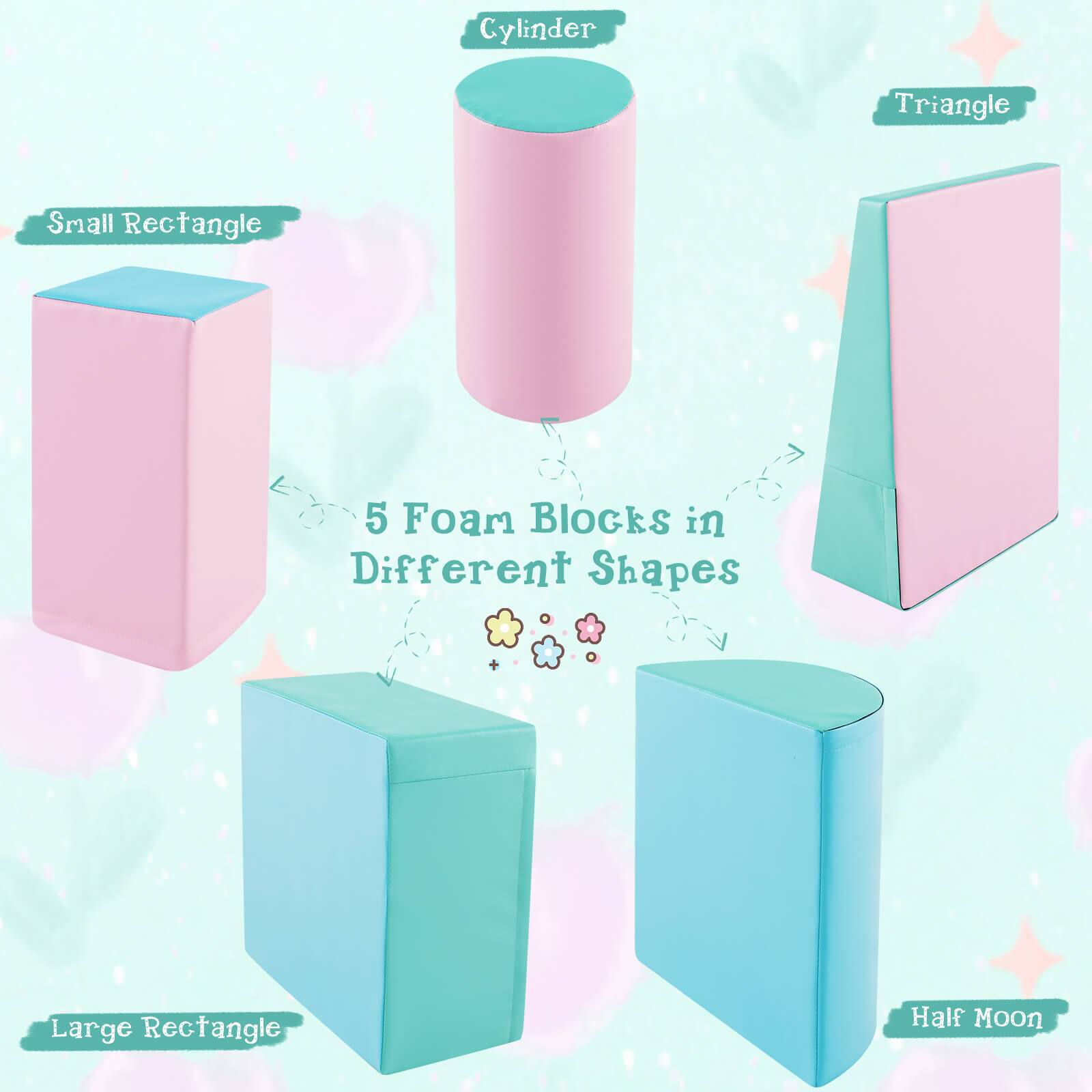 Cylinder  
Triangle  
Small Rectangle  
Large Rectangle  
Half Moon  

5 Foam Blocks in Different Shapes