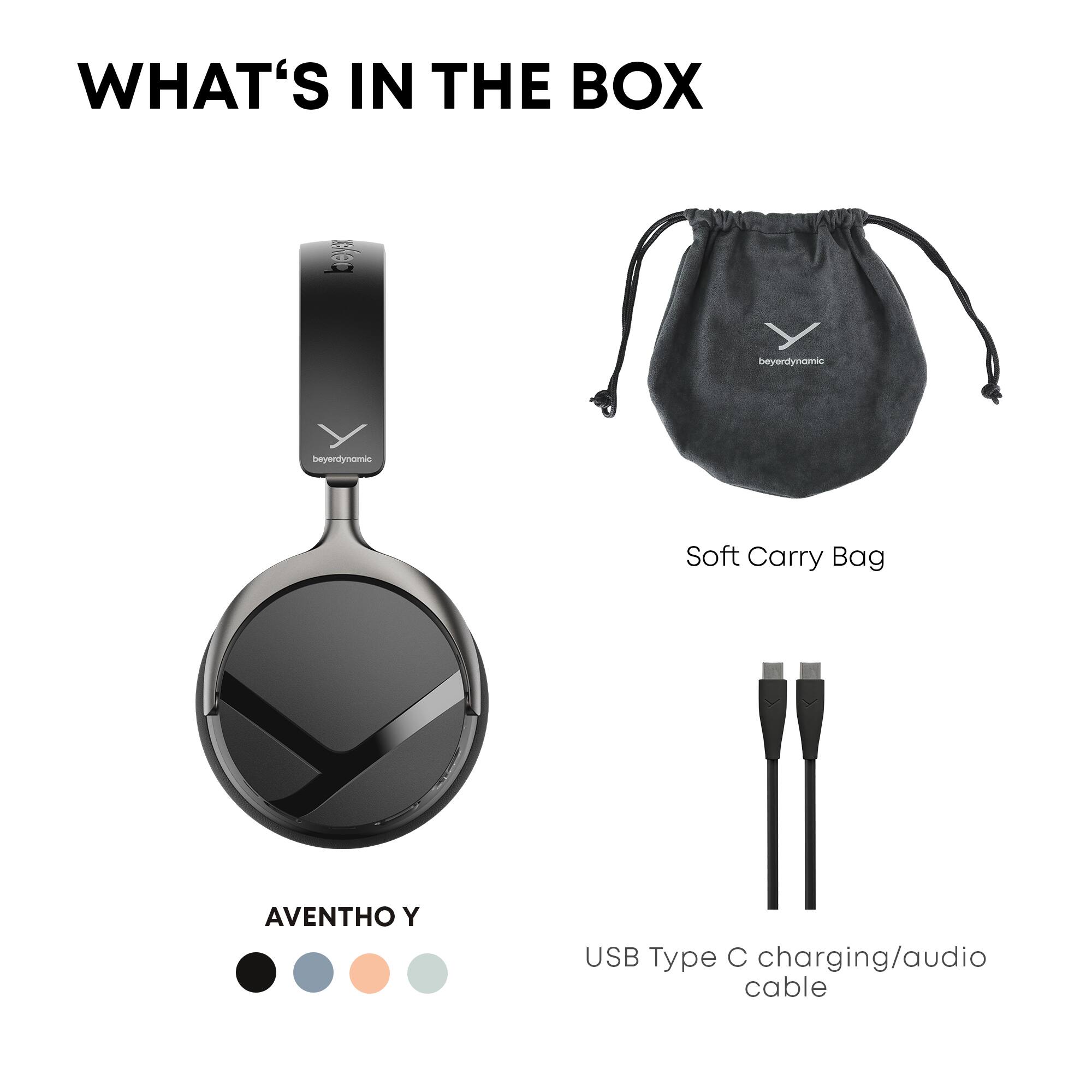 WHAT'S IN THE BOX

- beyerdynamic
- beyerdynamic
- Soft Carry Bag
- AVENTHO Y
- USB Type C charging/audio cable