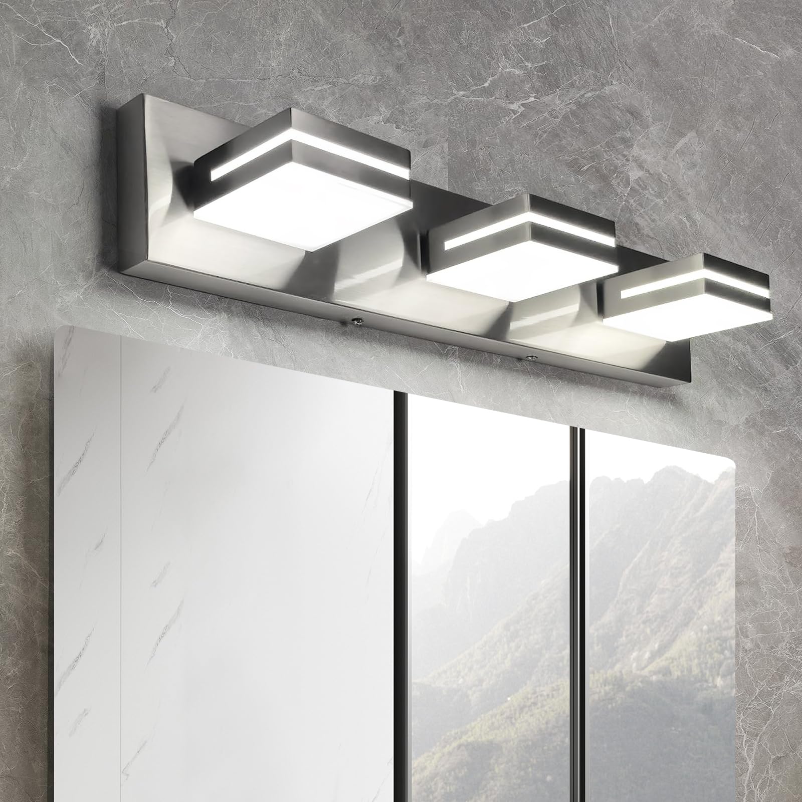 Front. Comfort Essence - Light Bathroom Vanity Brushed Nickel Modern w Led Dimmable Over Mirror Adjustable Lamp Head Cold k Etl List - Brushed Nickel - Dimmable 3-Light, 22 Inch.