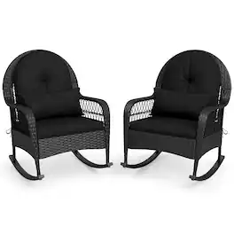 Gymax - 2PCS Patio Wicker Rocking Chair Rattan Rocker Chair w/Thick Cushions Outdoor - Black