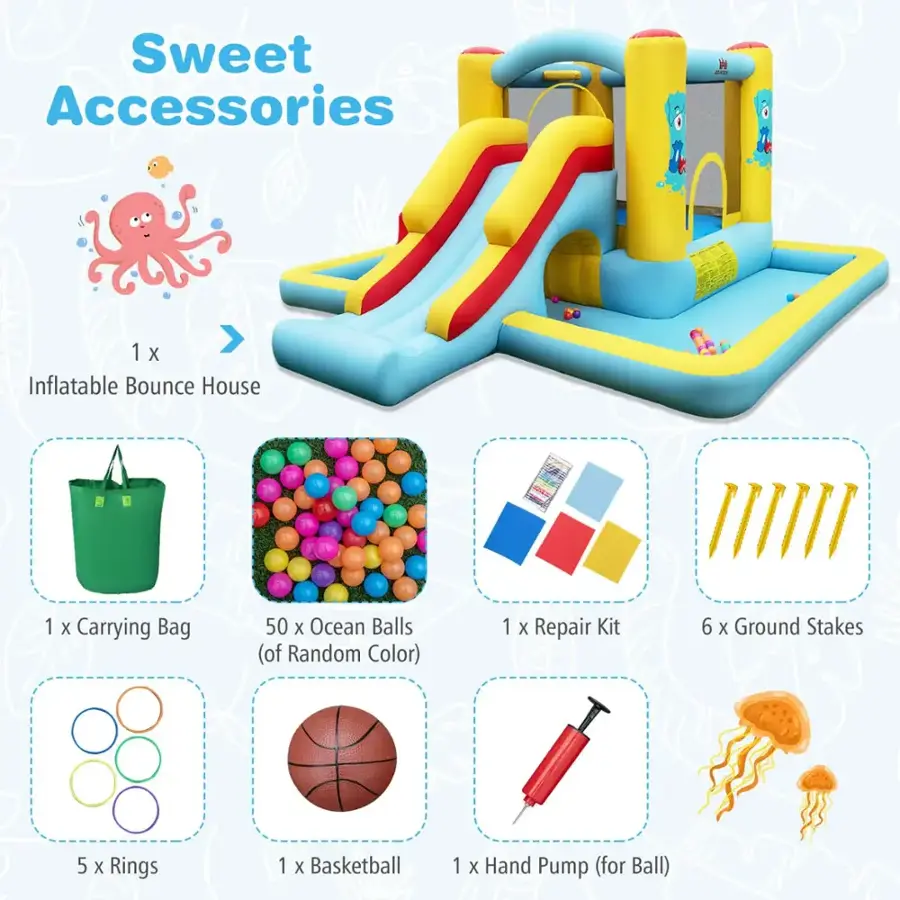 Sweet Accessories:

1. Inflatable Bounce House
2. Carrying Bag
3. 50 Ocean Balls (Random Color)
4. Repair Kit
5. 6 Ground Stakes
6. 5 Rings
7. Basketball
8. Hand Pump (for Ball)