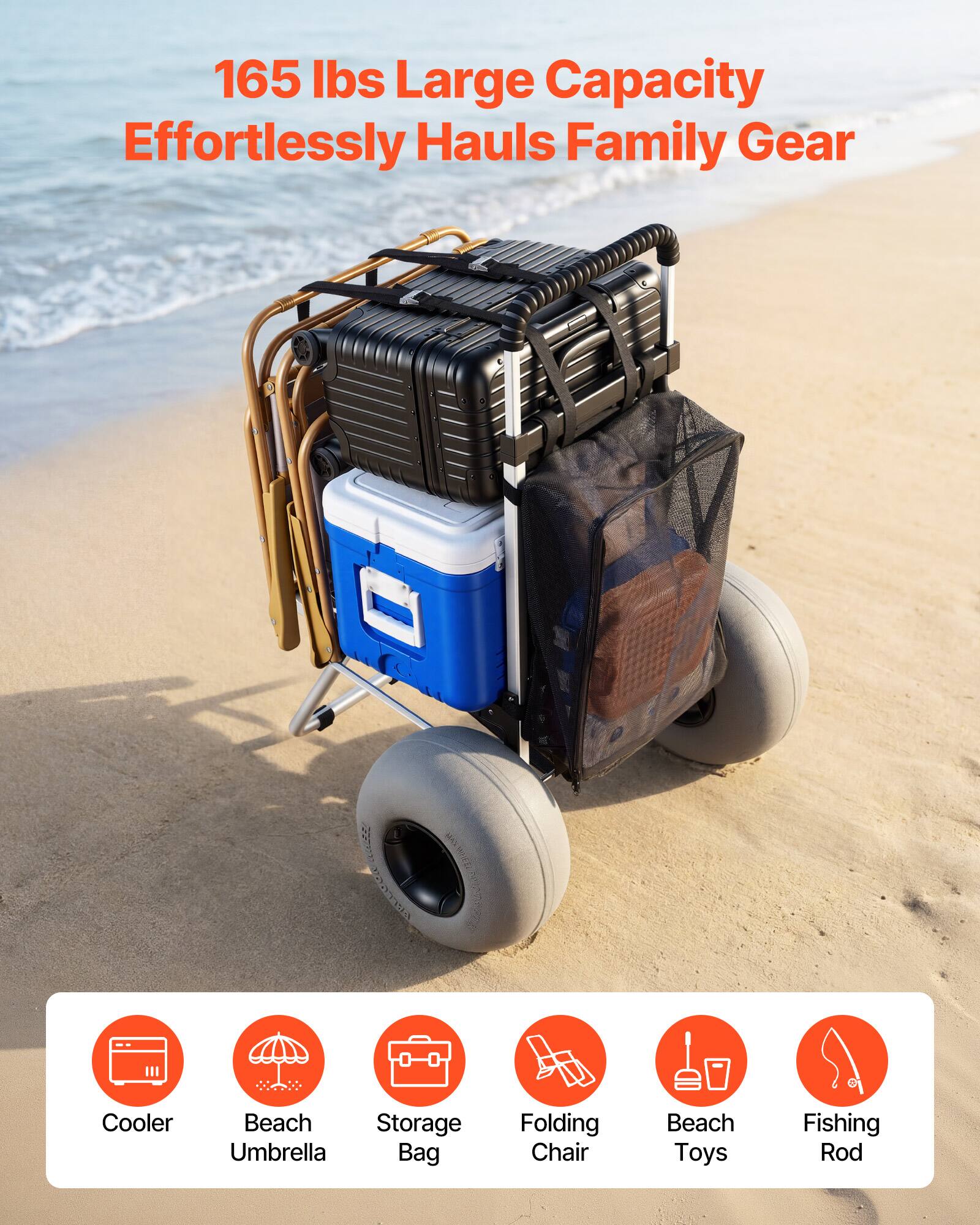 165 lbs Large Capacity Effortlessly Hauls Family Gear

Cooler  
Beach Umbrella  
Storage Bag  
Folding Chair  
Beach Toys  
Fishing Rod