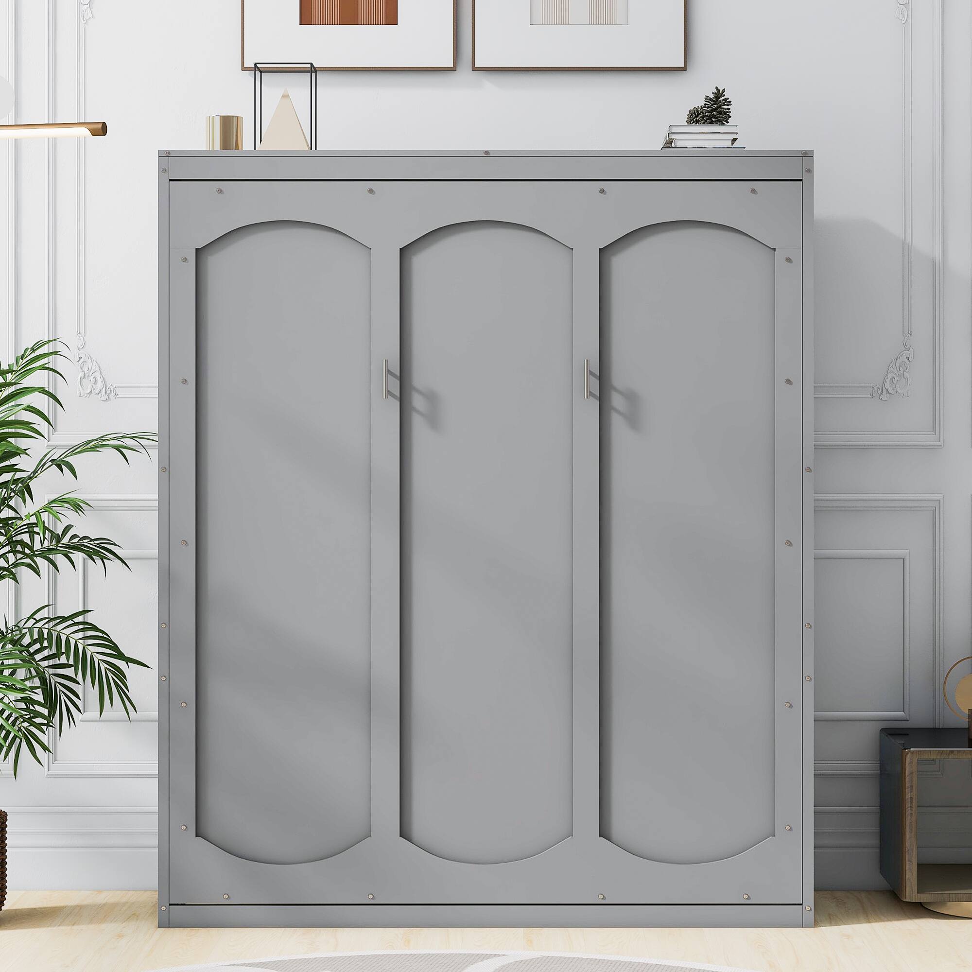 Angle. Tiramisubest - Queen Size Gray Murphy Bed with Shelves, Solid Wood+MDF, Space-Saving - Gray.