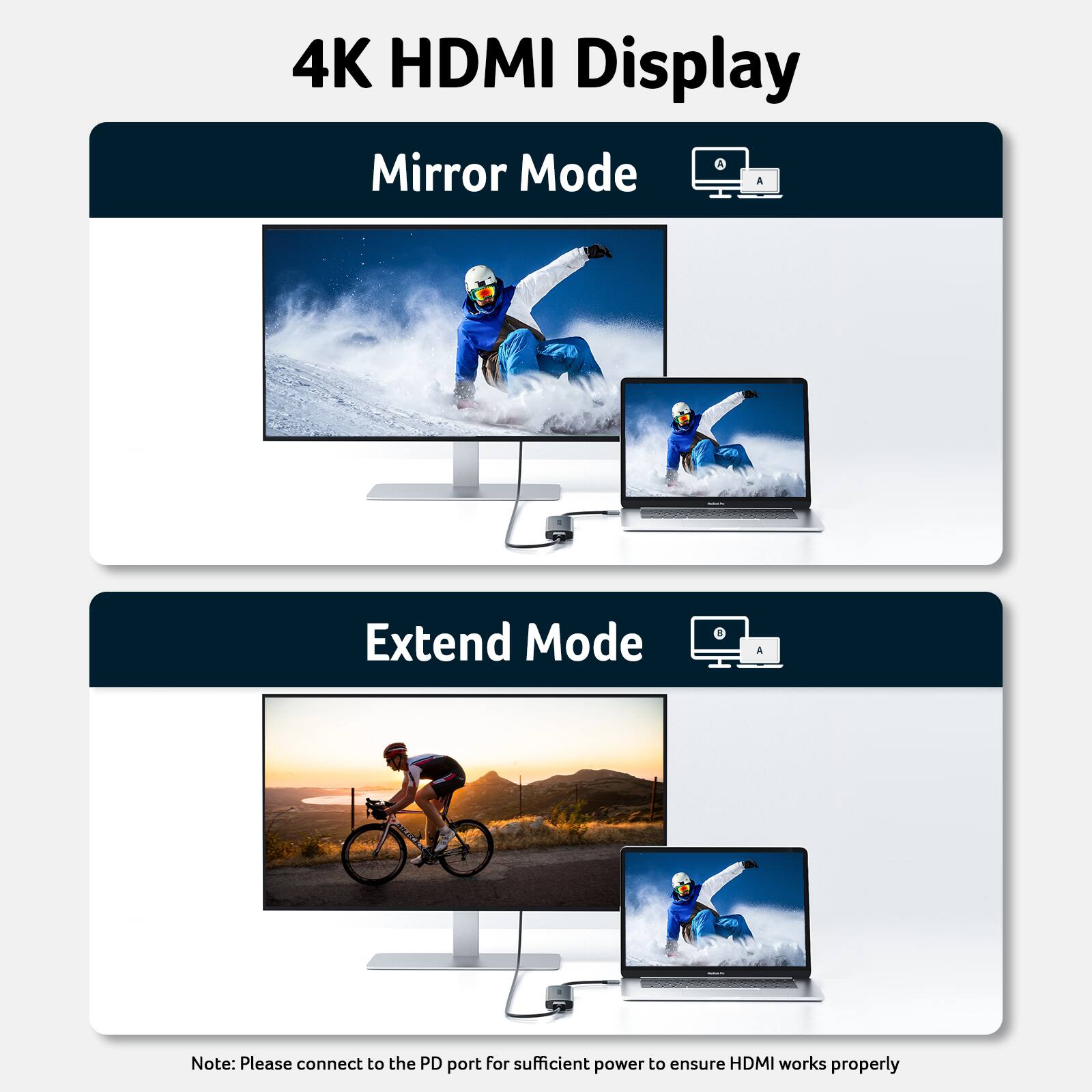 4K HDMI Display

Mirror Mode

Extend Mode

Note: Please connect to the PD port for sufficient power to ensure HDMI works properly