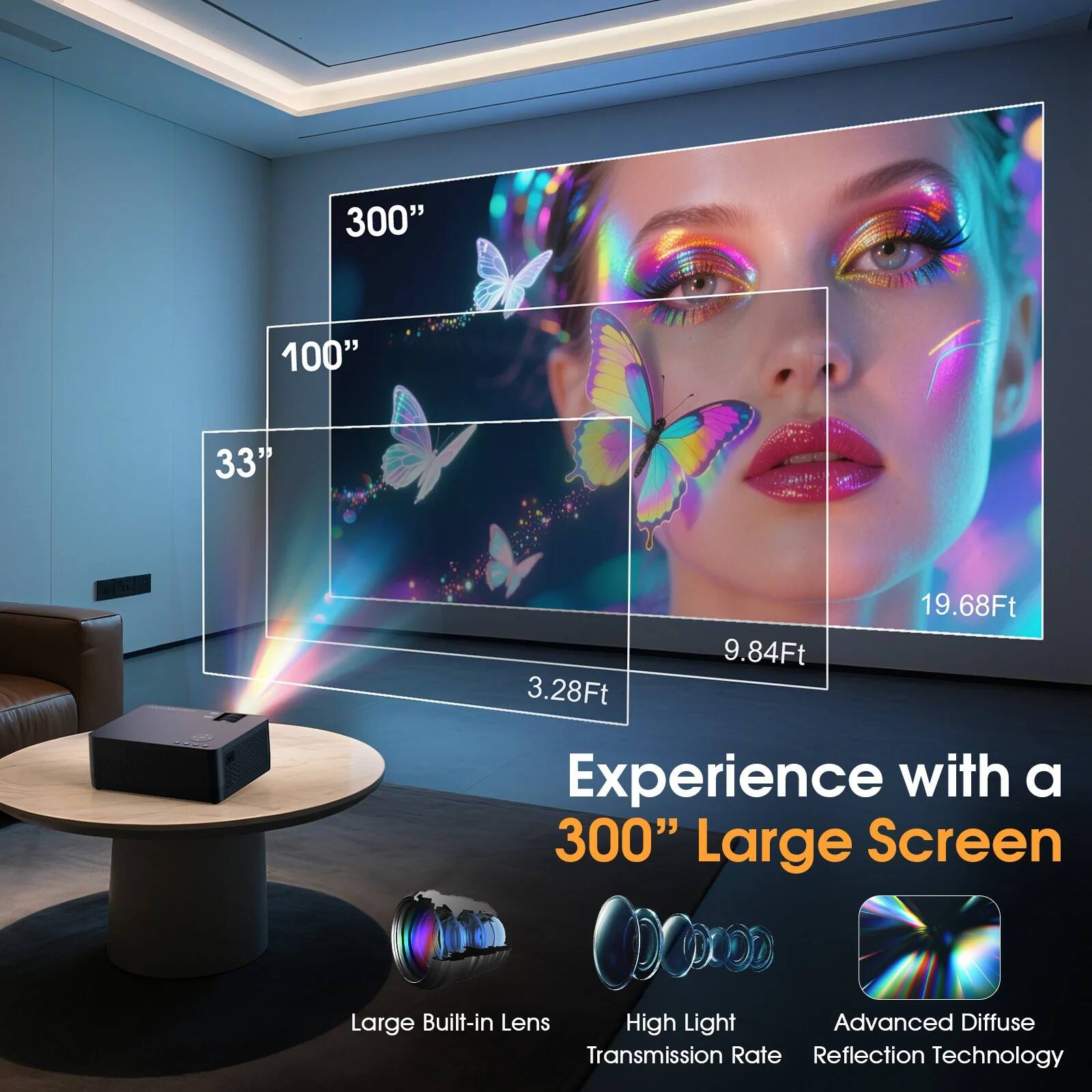 Experience with a 300" Large Screen

- 300"
- 100"
- 33"

- 19.68Ft
- 9.84Ft
- 3.28Ft

Features:
- Large Built-in Lens
- High Light Transmission Rate
- Advanced Diffuse Reflection Technology