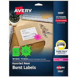 Avery - Sure Feed Laser Burst Label, 2 1/4" Dia, Assorted Neon, 180 Labels/Pack - Assorted Neon Colors