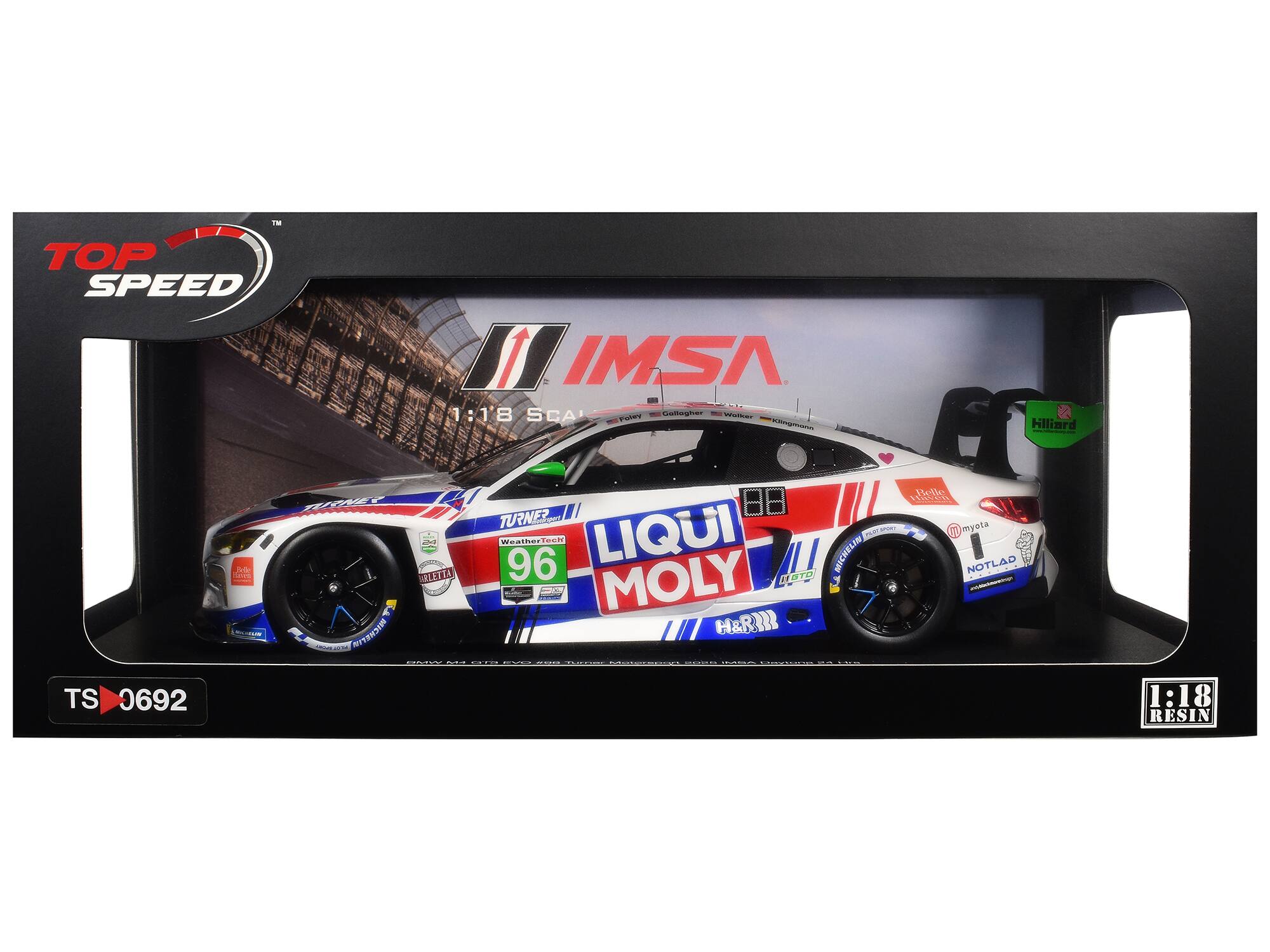 TM TOP SPEED IMSA : 1:18 SCA  
Gamogrer - Tal HlgnS Hlilard A& : C F  
TURNE? a - O H 1 mynia WeatherTean 96 Tech  
LIQUI MOLY  
NOTLAD OILTTA  
BUICHETTR HERRR  
- - I UU - P I TS 0692  
TS 1:18 RESIN
