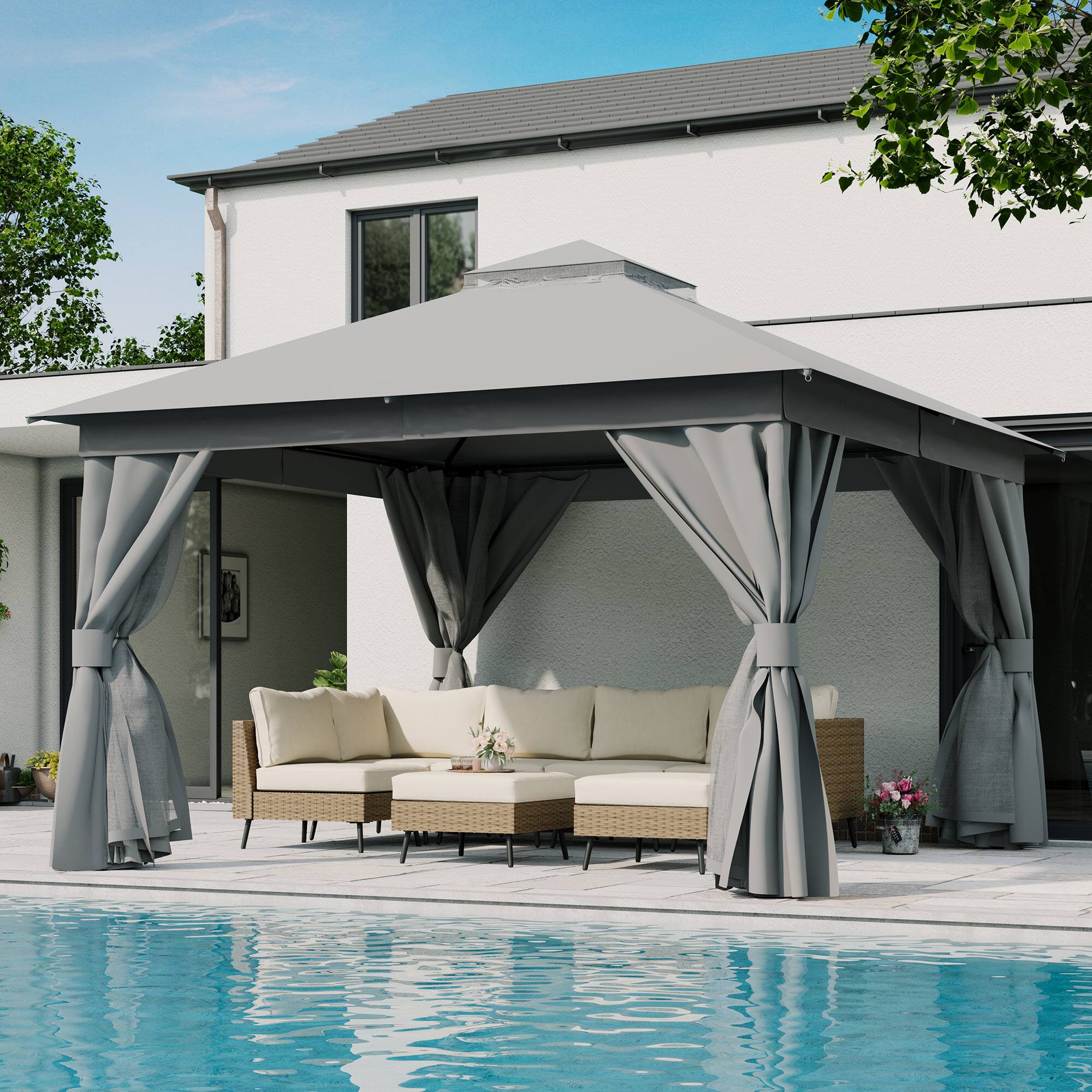 Angle. Yardgrace - 12x12 FT Outdoor Heavy Duty Metal Frame Gazebo Double Roof Mosquito Net Privacy Screen Patio Backyard Garden - Grey.