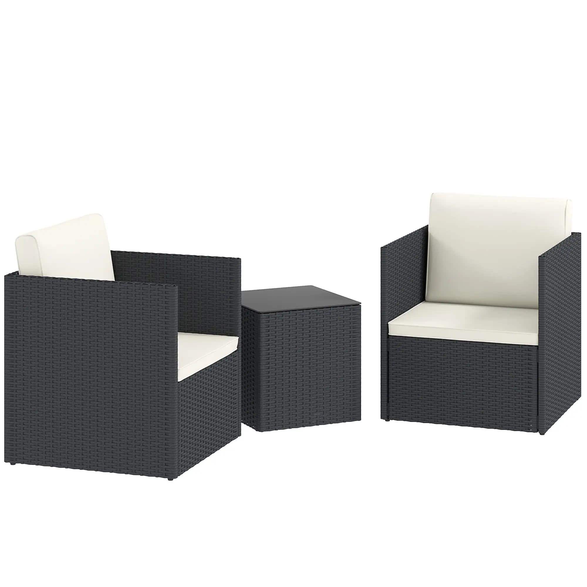 Spaco - Folding Wicker Bistro 3-Piece Outdoor Set with Cushions and Glass Top - Black