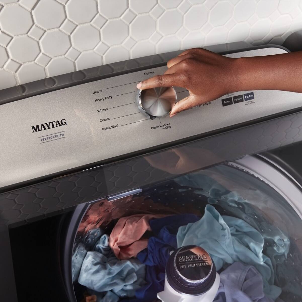 MAYTAG PET PRO SYSTEM

- Jeans
- Heavy Duty
- Whites
- Colors
- Quick Wash
- Clean Washer

Normal

- Temp
- Options
- Pet Pro