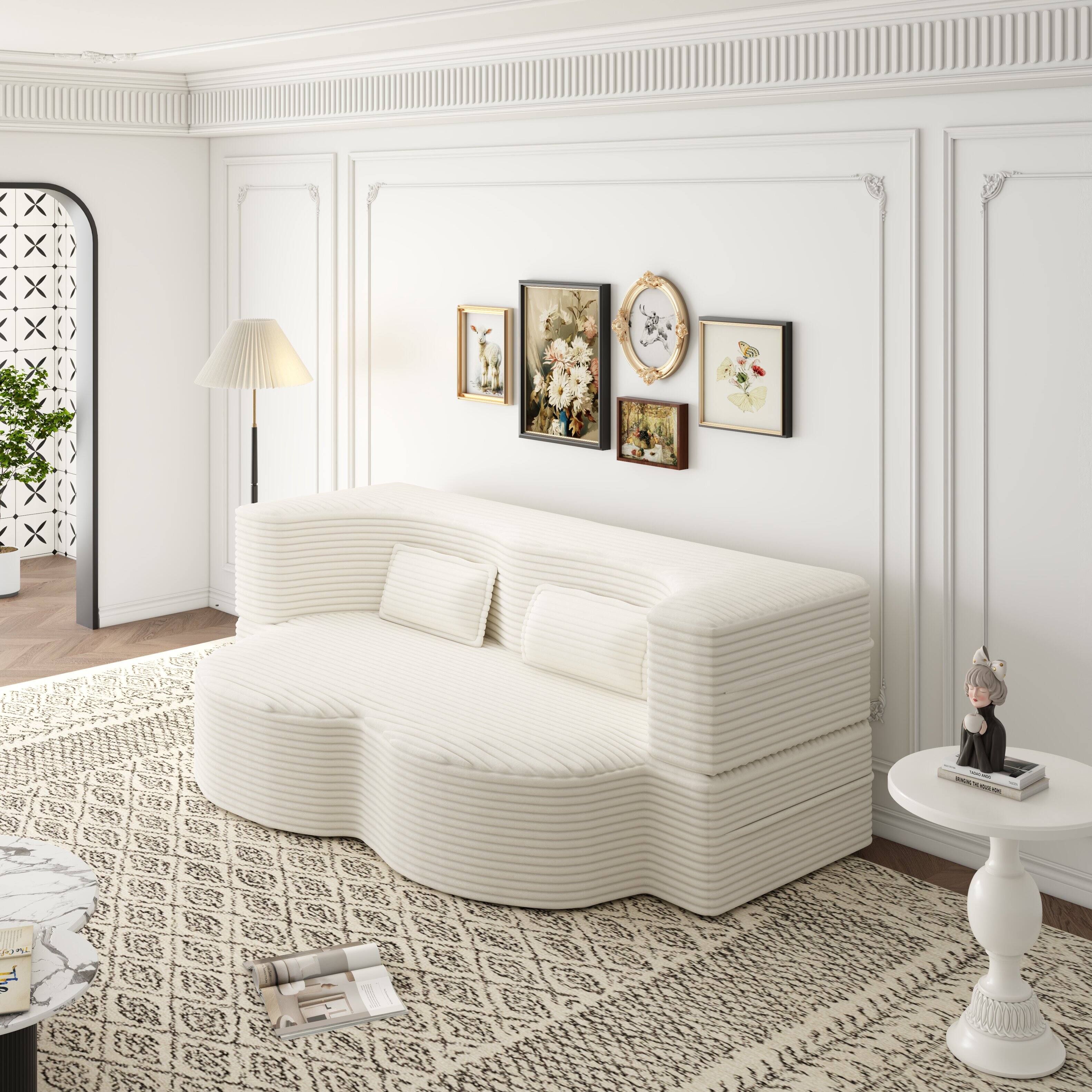 Left. Trinkets Crazed - Convertible Sleeper Sofa Bed,15" Thick Full Size Folding Floor Couch, Corduroy Foam-Filled Futon Loveseat Couch - Beige.