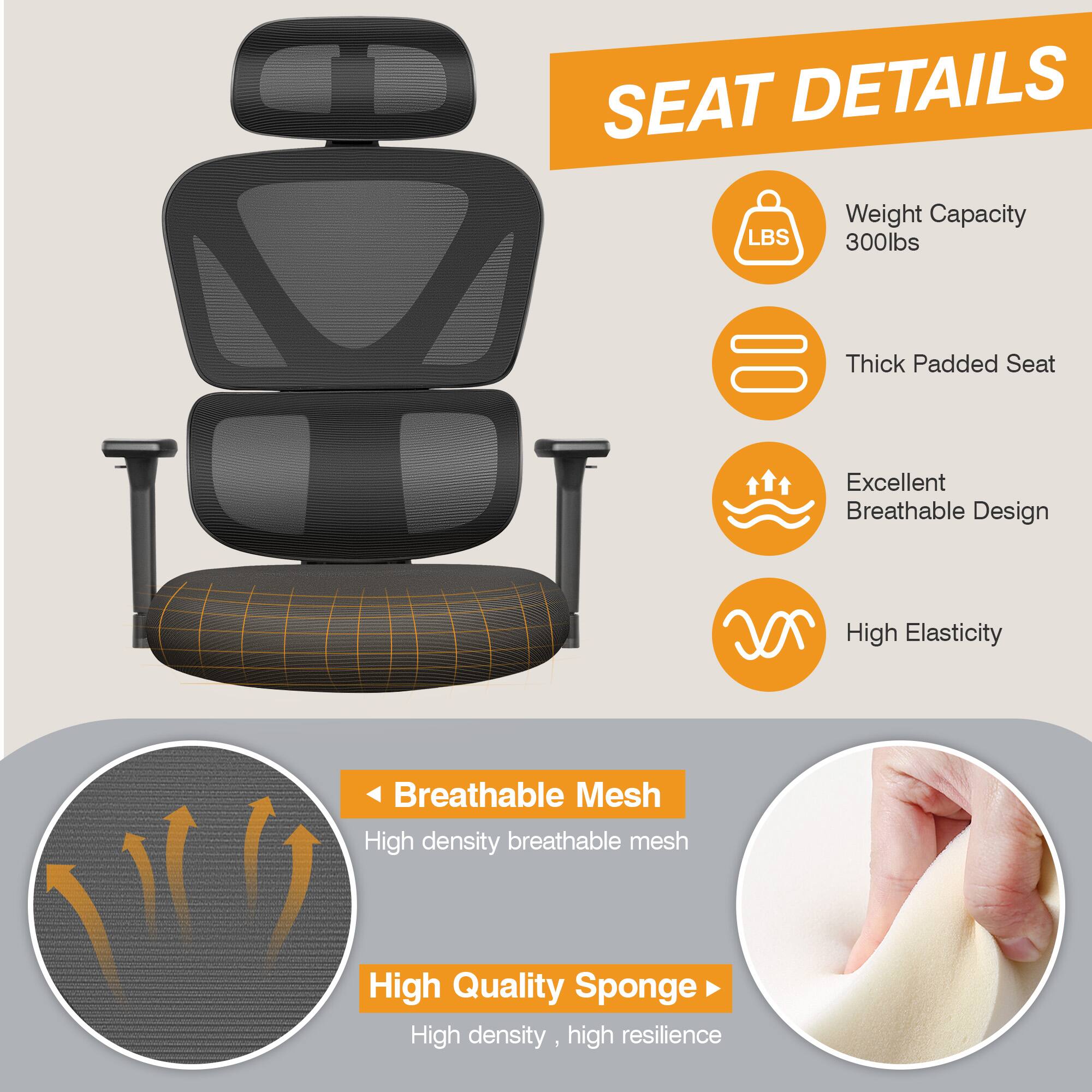 SEAT DETAILS

- Weight Capacity: 300lbs
- Thick Padded Seat
- Excellent Breathable Design
- High Elasticity

Breathable Mesh
- High density breathable mesh

High Quality Sponge
- High density, high resilience