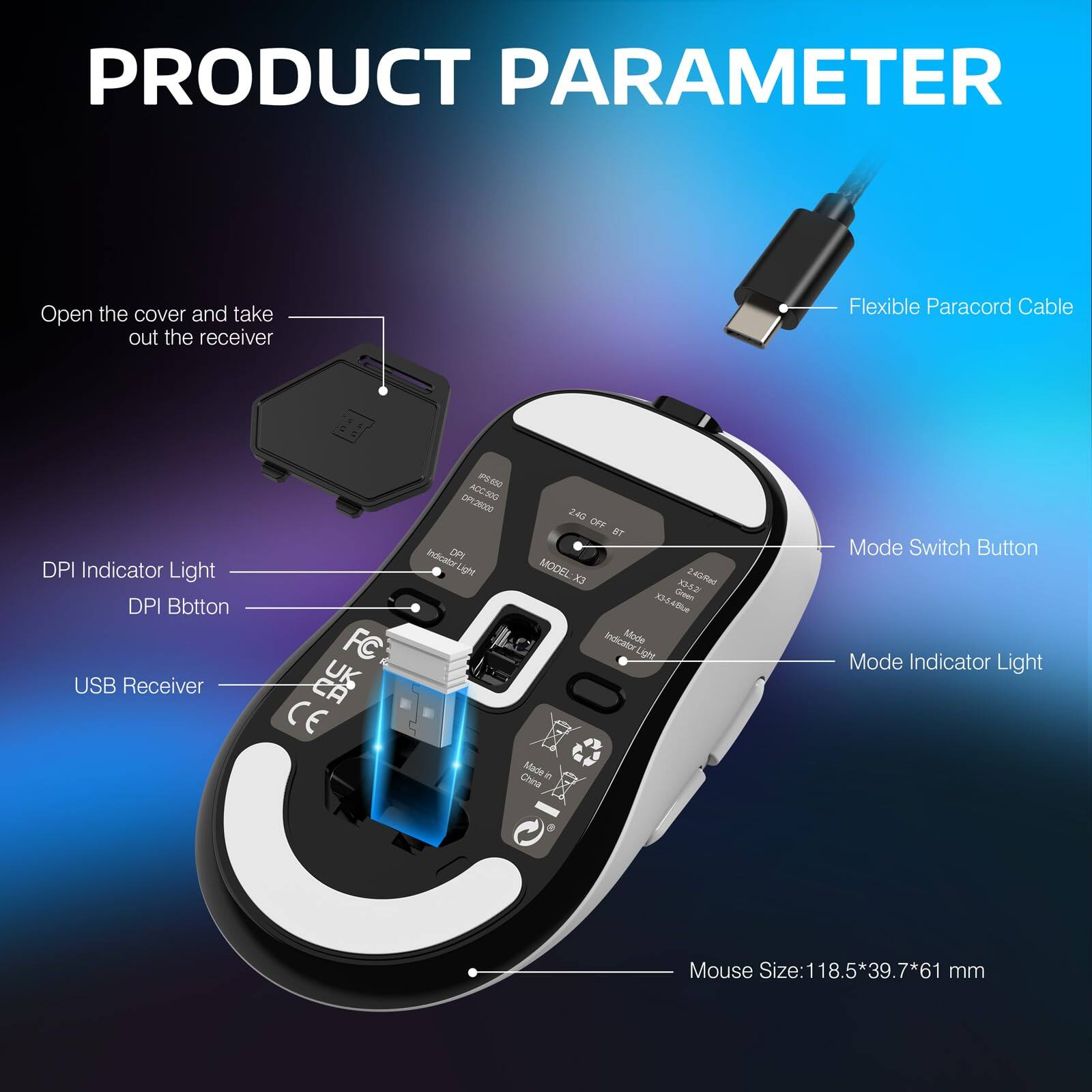 **PRODUCT PARAMETER**

- Open the cover and take out the receiver
- Flexible Paracord Cable
- DPI Indicator Light
- DPI Button
- USB Receiver
- Mode Switch Button
- Mode Indicator Light
- Mouse Size: 118.5*39.7*61 mm