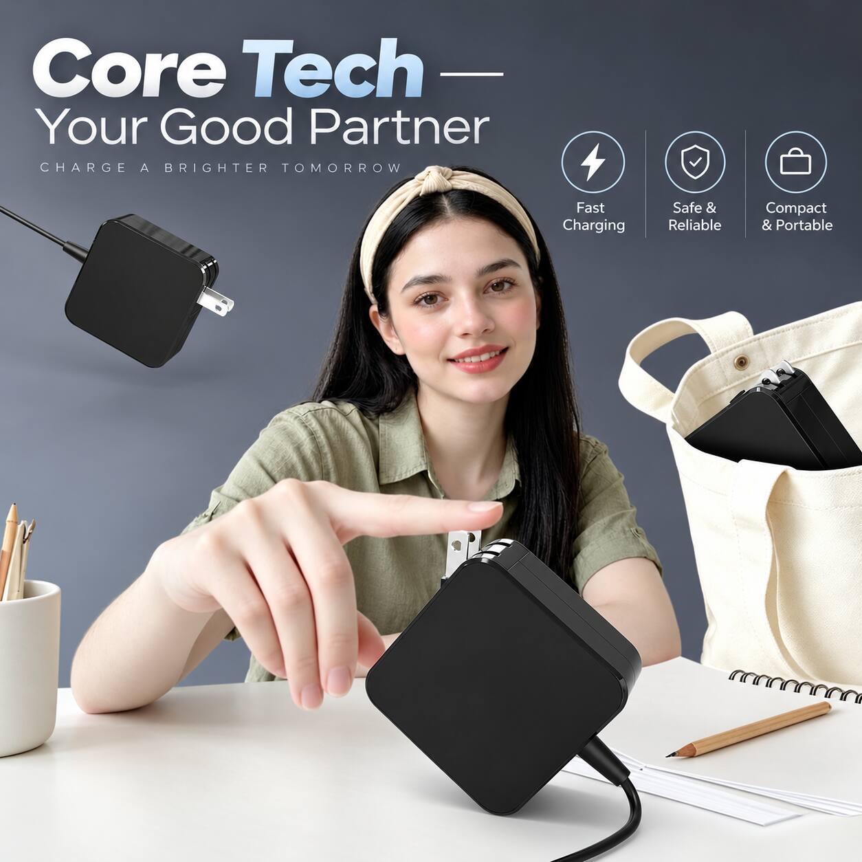 Core Tech  
Your Good Partner  
CHARGE A BRIGHTER TOMORROW  

Fast Charging  
Safe & Reliable  
Compact & Portable