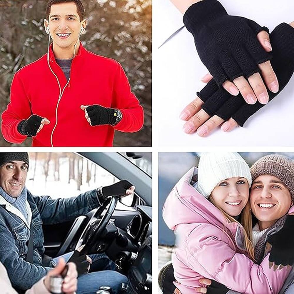 Front. THIRSTY TURTLE - Fingerless Gloves, 3 Pairs, Thin Knit Touchscreen Gloves for Cold Weather, Typing, Running, Hiking, One Size Fits All - Black.