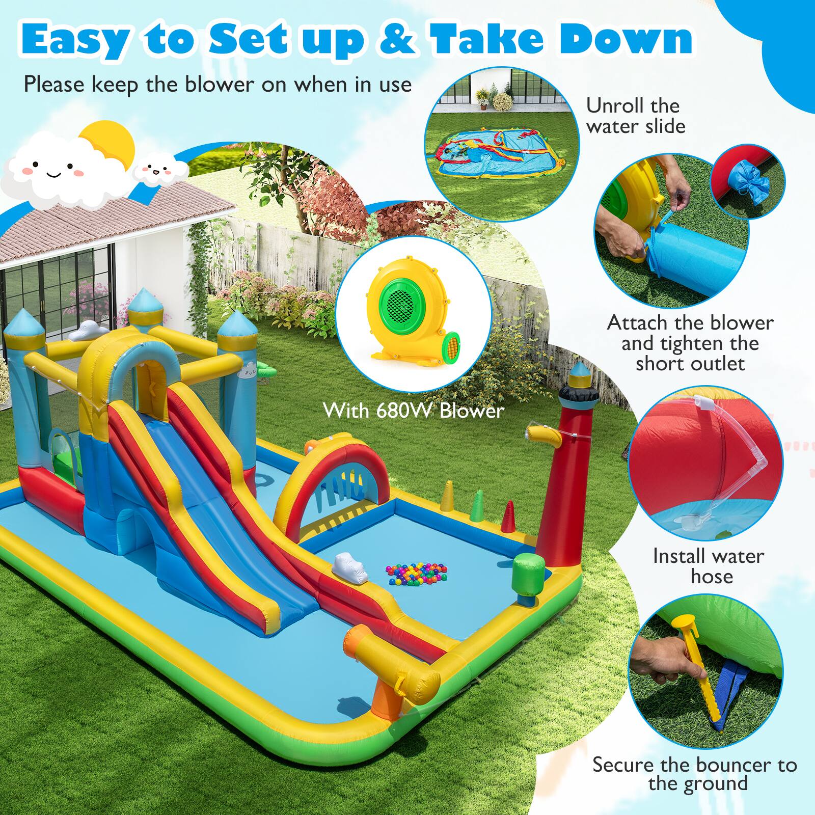 Easy to Set up & Take Down

Please keep the blower on when in use

Unroll the water slide

Attach the blower and tighten the short outlet

With 680W Blower

Install water hose

Secure the bouncer to the ground