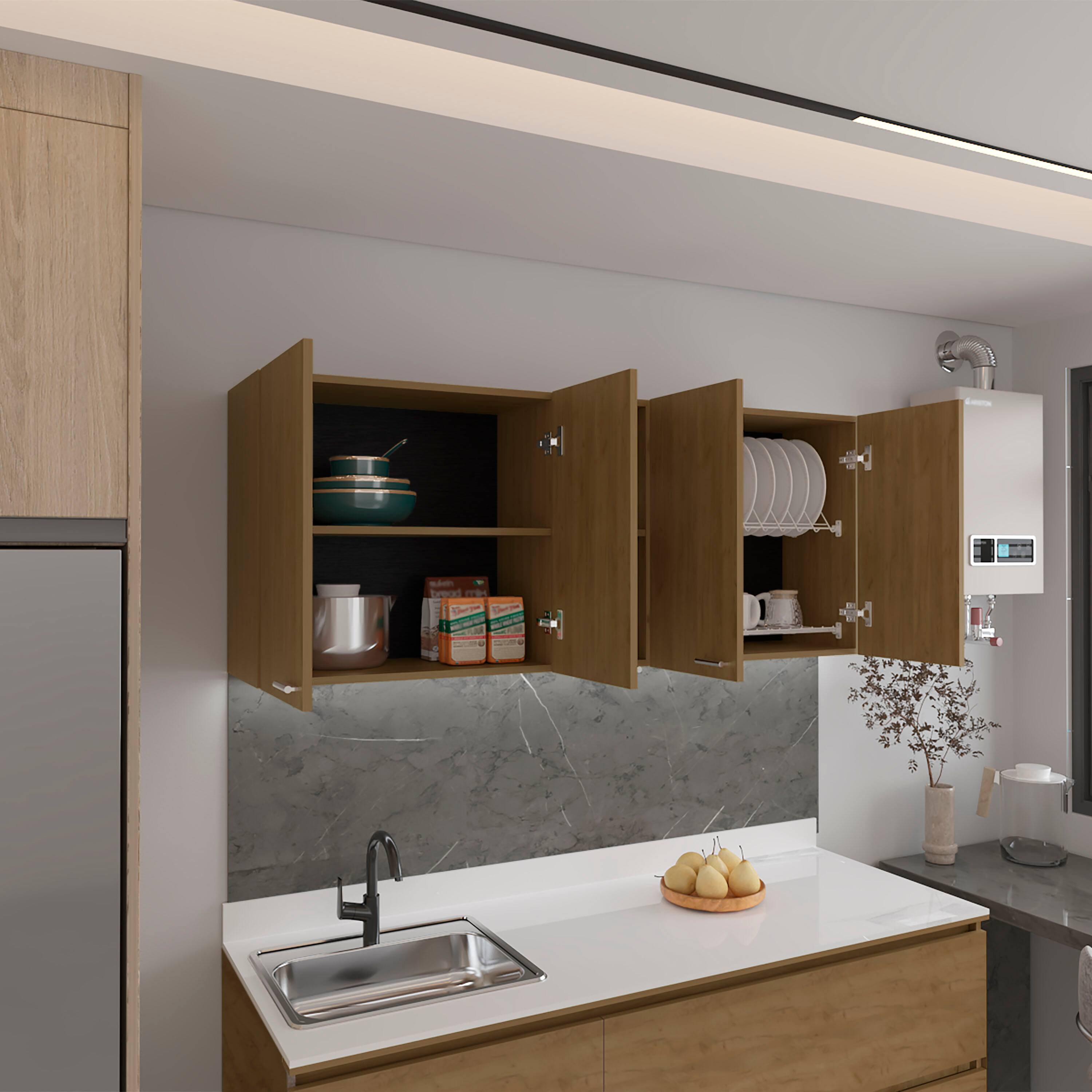 Left. TuHome - Portofino 150 Wall Cabinet, Double Door, Two External Shelves, Two Interior Shelves, Natural Oak - Beige.