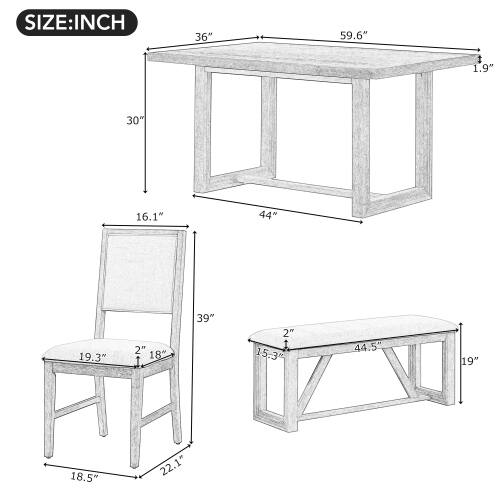SIZE: INCH  
36" x 59.6"  
1.9" x 30" x 16.1"  
44" x 19.3"  
2" x 18" x 39"  
2" x 15.3" x 44.5"  
19" x 18.5" x 22.1"