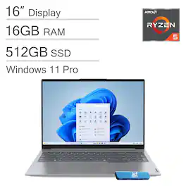 Lenovo - ThinkBook 16 Gen 7 16" FHD+ Laptop - AMD Ryzen 5 with 16GB DDR5 Memory - 512GB SSD - Fingerprint Reader - Windows 11 Pro - Gray