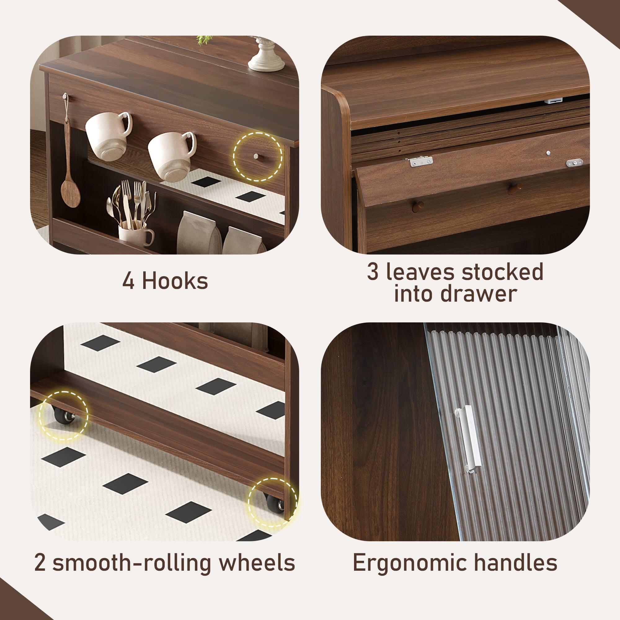 4 Hooks  
3 leaves stocked into drawer  
2 smooth-rolling wheels  
Ergonomic handles