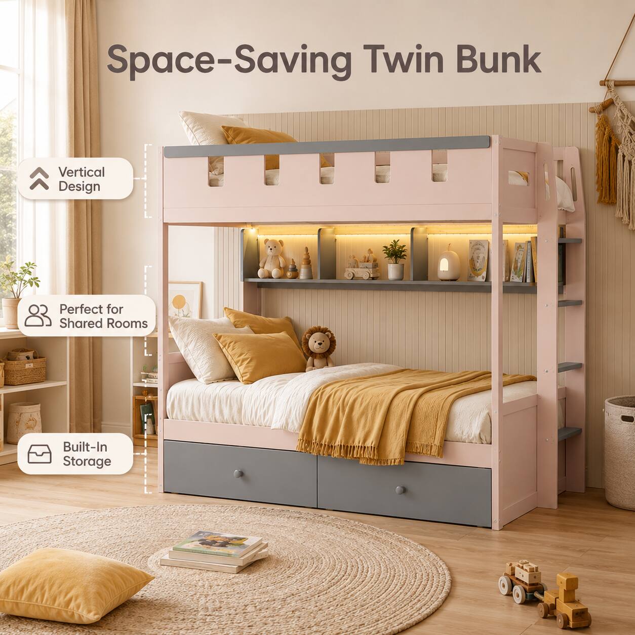 Space-Saving Twin Bunk  
Vertical Design  
Perfect for Shared Rooms  
Built-In Storage