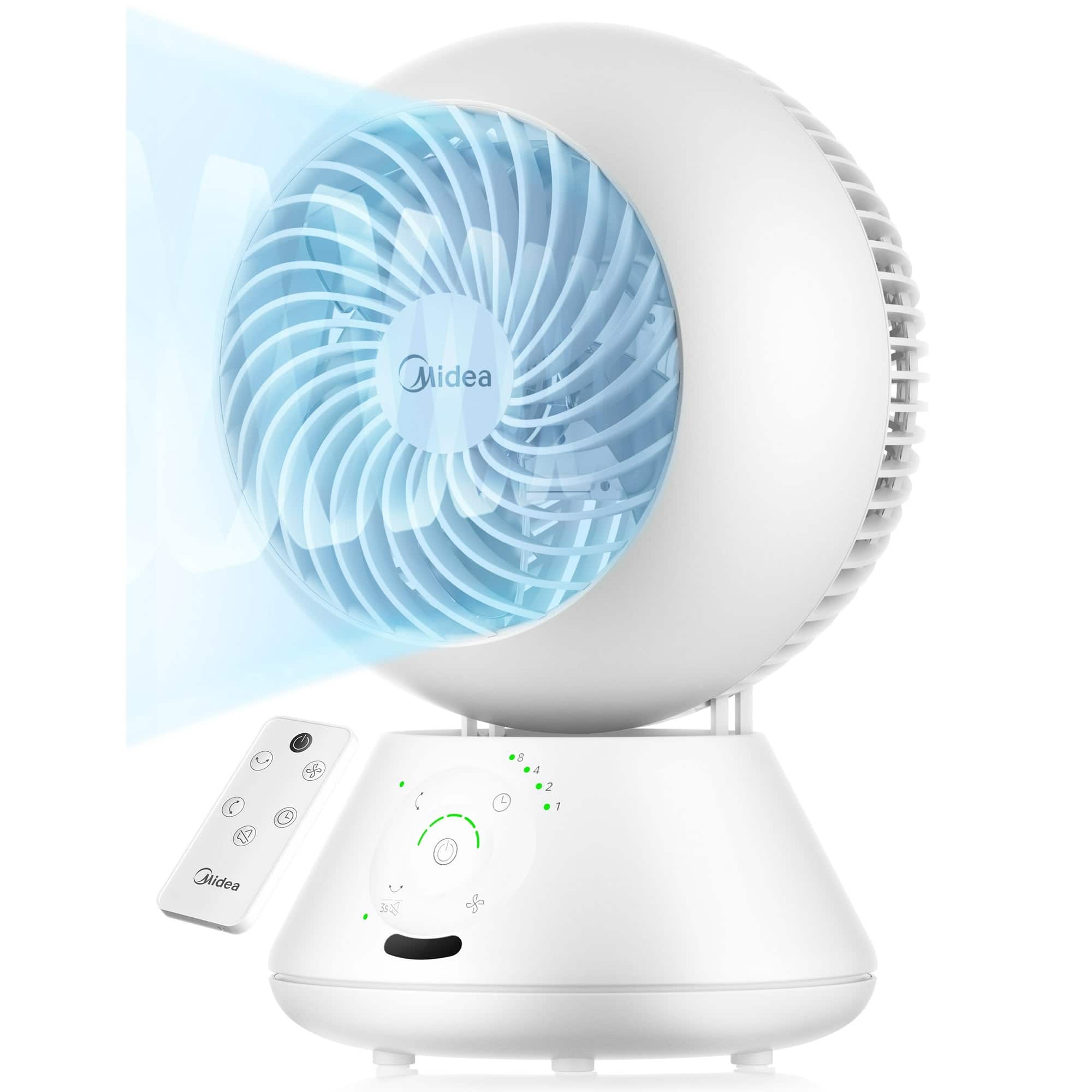 Midea - 6” Table Fan with Remote, 5 Speeds,Table 3D turbo air circulator with High Velocity, 85° Oscillation - White