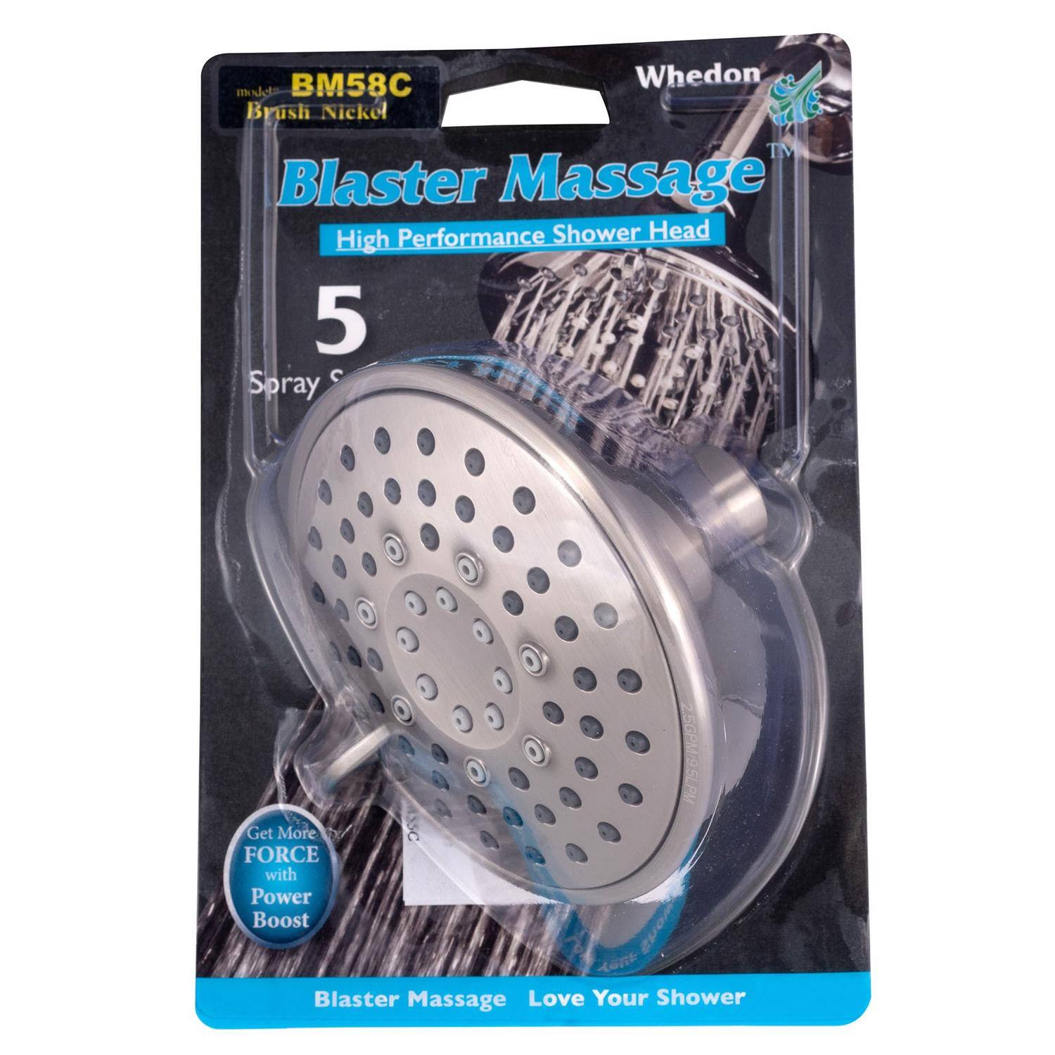 BM58C Whedon model Brush Nickel Blaster Massage High Performance Shower Head 5 Spray 5GPM/9.5LPM Get More FORCE with Power Boost Show 4enk Blaster Massage Love Your Shower