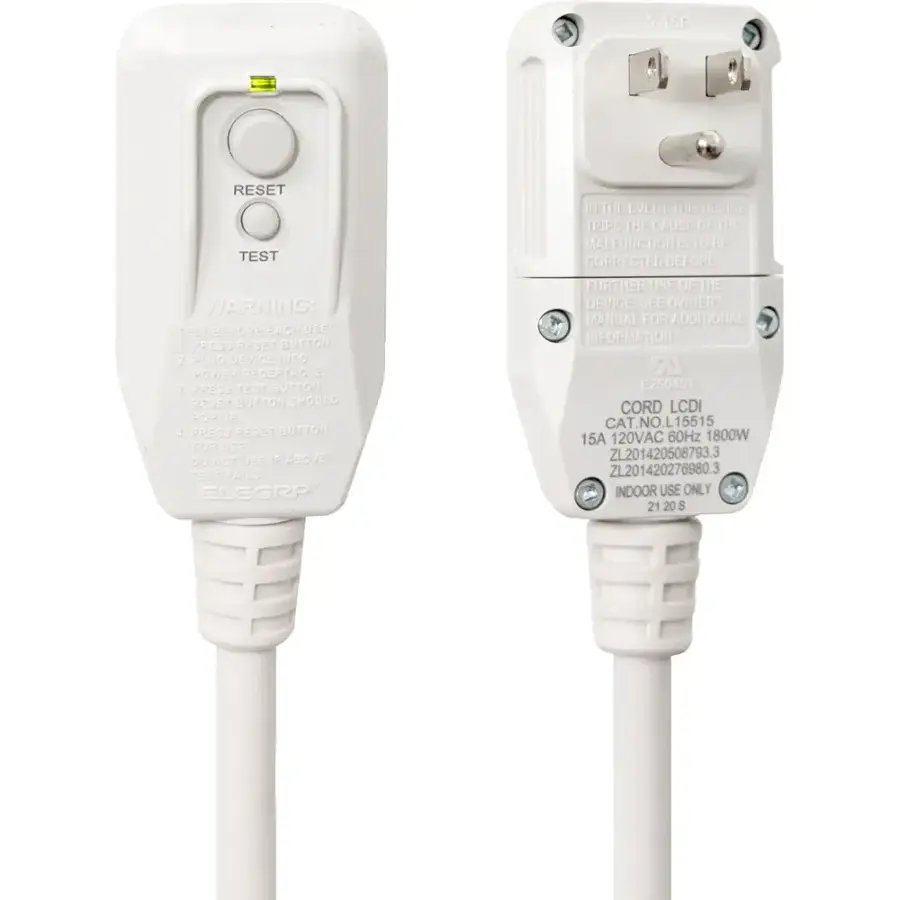 The text on the image reads:

"5-15P RESET TEST III THE EVENT THIS DEVICE TRIPS THE CAUSE OF THE MAL FUNCTION IS TO BE CORRECTED BEFORE WARNING: TEST BEFORE EACH USE 1 PRESS RESET BUTTON 2 PULL DEVICE 15A 120VAC 60Hz 1800W ZL201420508793.3 ZL201420276980.3 INDOOR USE ONLY 21 20 S ABOVE 1E1 FAILS ELECTRICAL SAFETY TEST BUTTON SHOULD BE UP FOR USE. DO NOT USE 1F ABOVE 1E1 FAILS ELECTRICAL SAFETY TEST. FURTHER USE OF THE DEVICE SEE OWNERS MANUAL FOR ADDITIONAL INFORMATION."