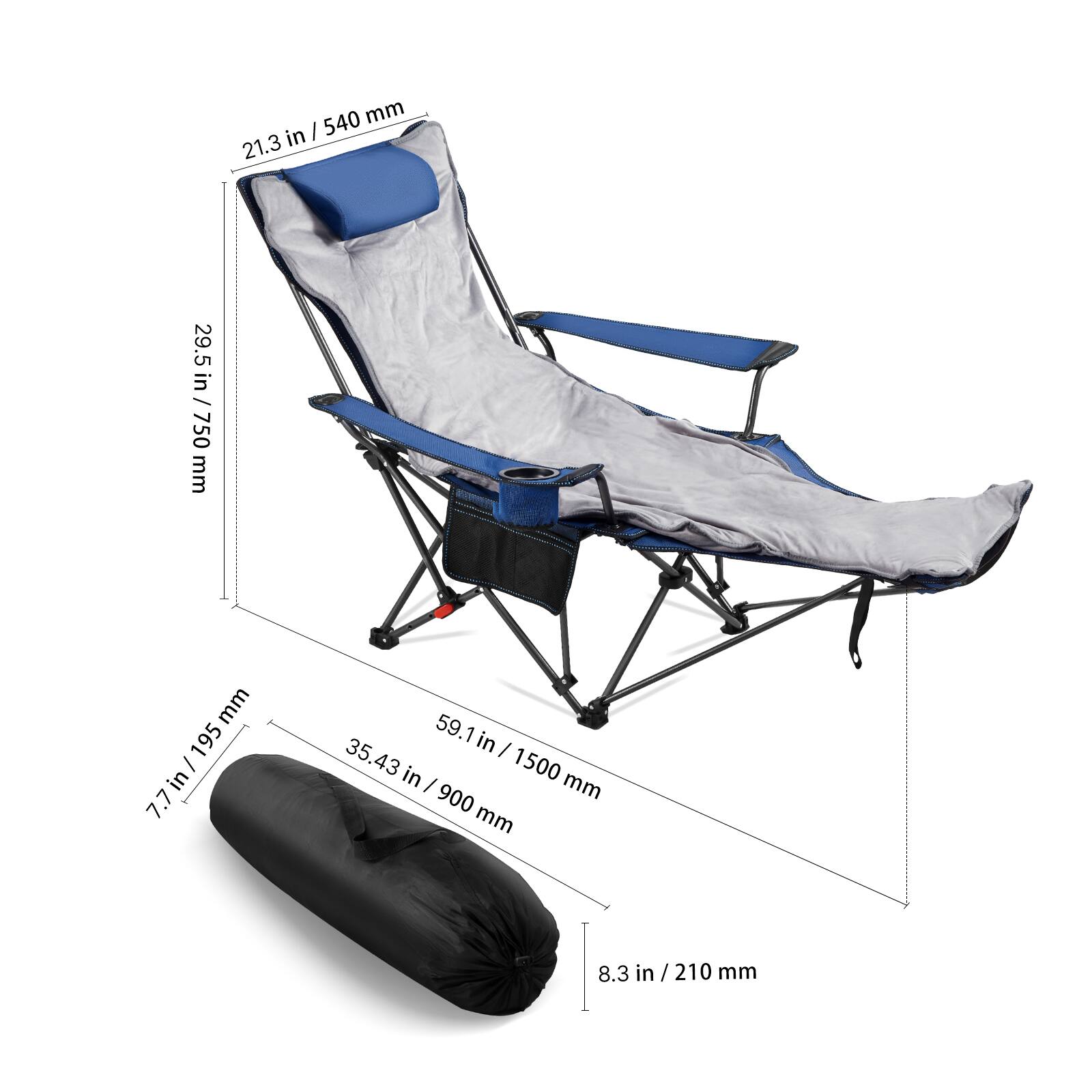 - Height: 21.3 in / 540 mm
- Width: 29.5 in / 750 mm
- Depth: 35.43 in / 900 mm
- Seat Height: 59.1 in / 1500 mm
- Pillow Height: 7.7 in / 195 mm
- Base Width: 8.3 in / 210 mm