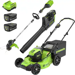 Greenworks - 80V 21” (Push) Cordless Lawn Mower + Axial Leaf Blower + 13” String Trimmer, (2) 2.0Ah Batteries and Charger - Green