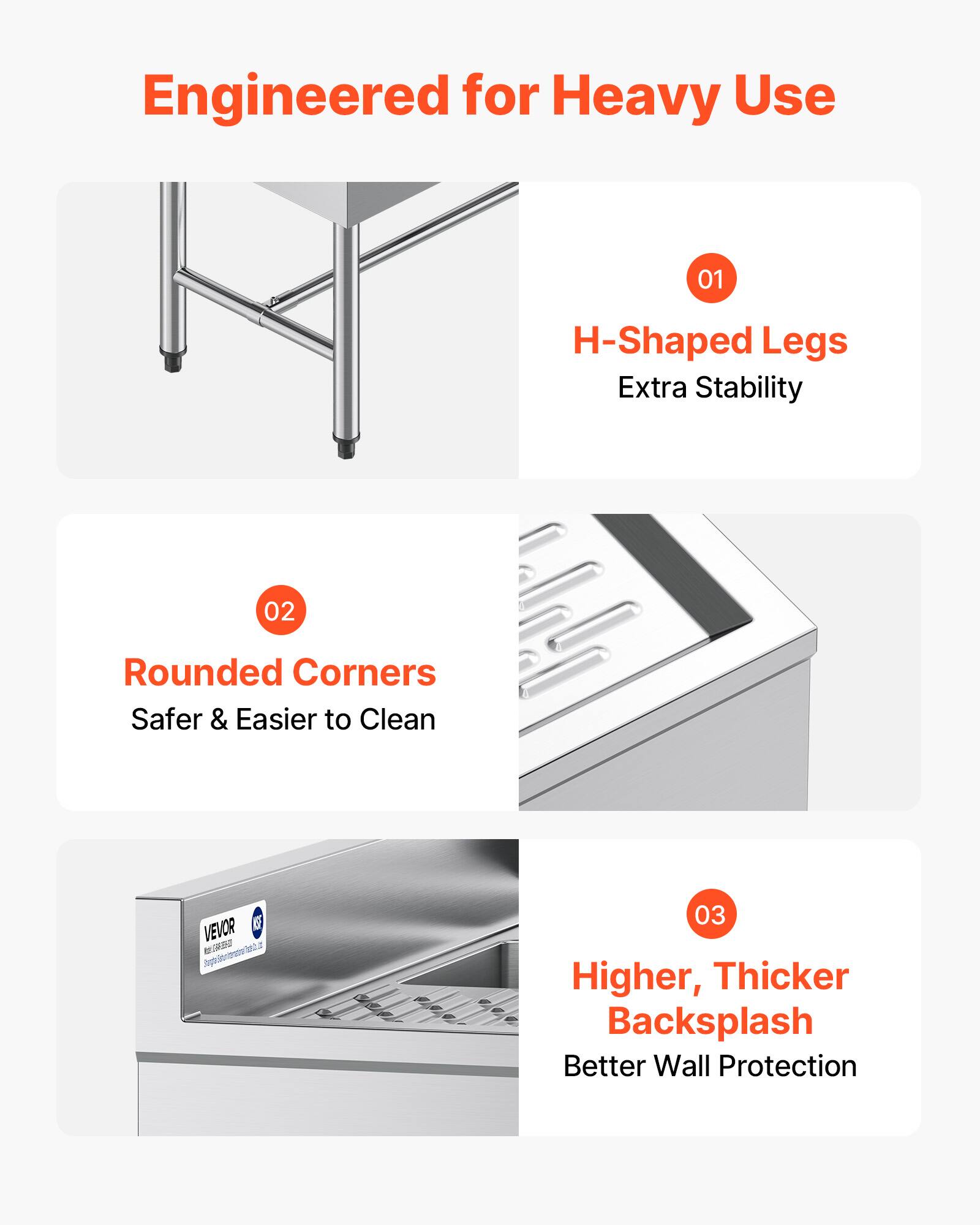 Engineered for Heavy Use

01 H-Shaped Legs
Extra Stability

02 Rounded Corners
Safer & Easier to Clean

03 Higher, Thicker Backsplash
Better Wall Protection