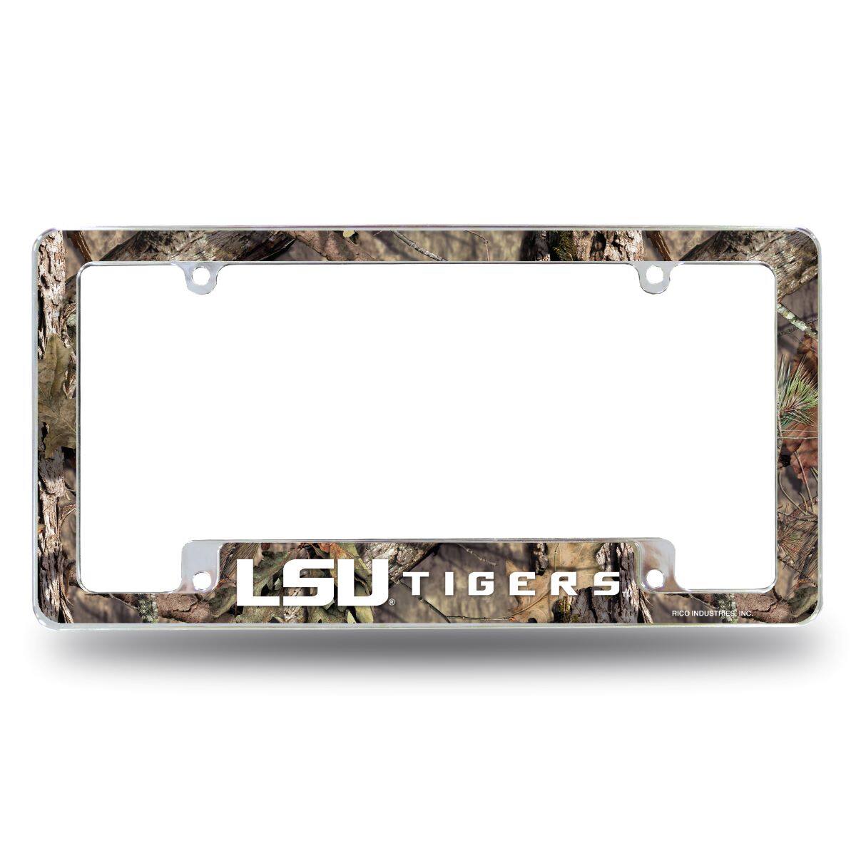 LSU Tigers Chrome Metal License Plate Frame with Bold Mossy Oak Camouflaged Camo Design
