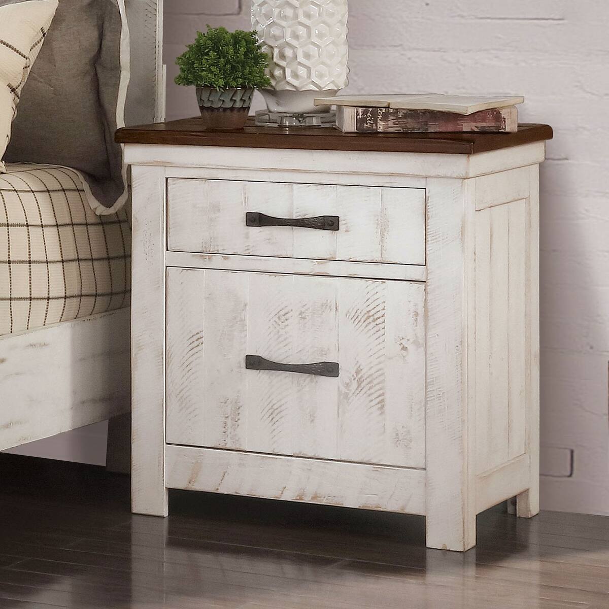 Angle. Loheer - Loheer Solid Wood Nightstand Distressed White Finish with Two Drawers - Brown and Distressed White with Walnut.